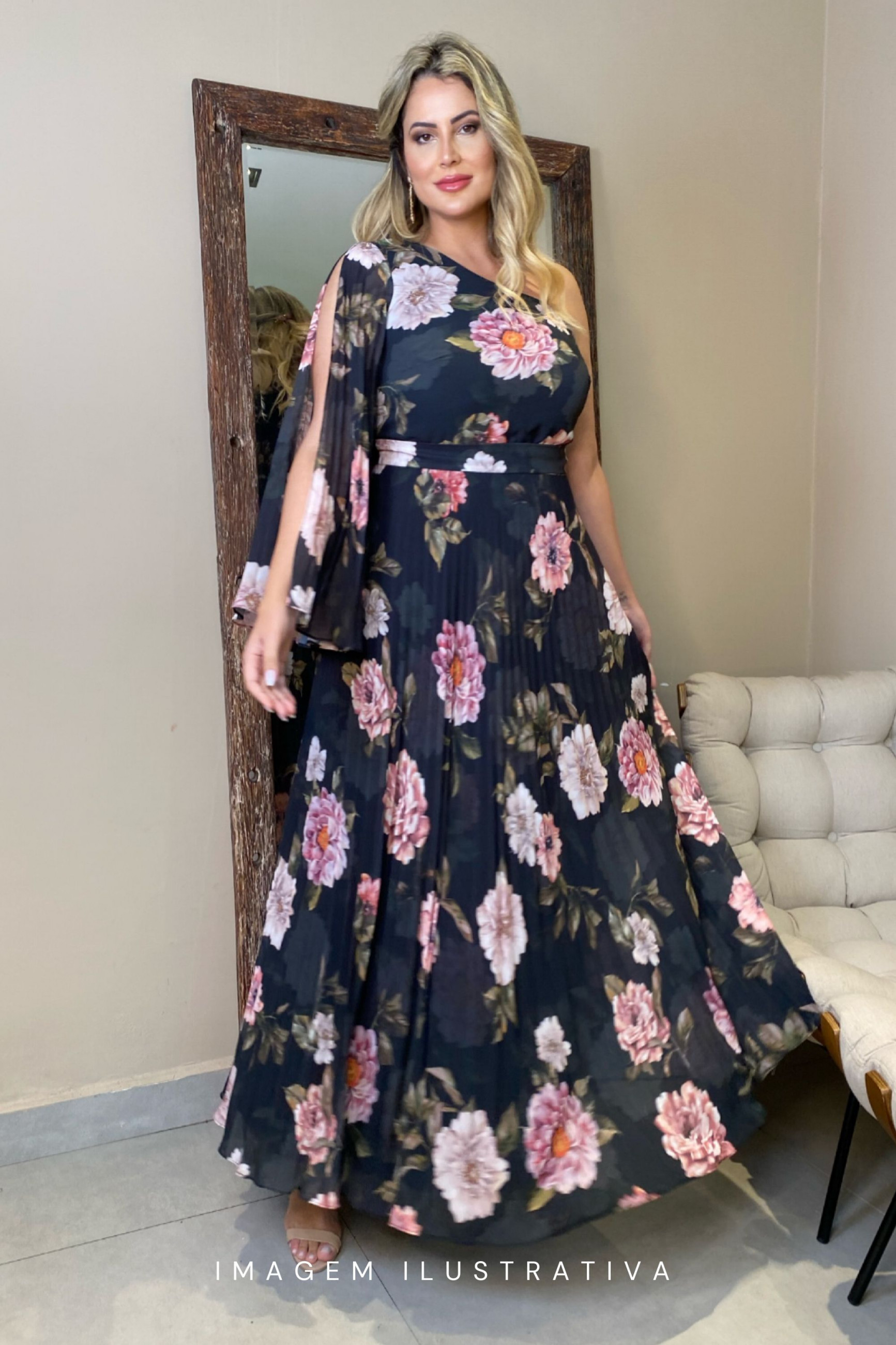 Vestido Festa Madrinha Plus Preto Estampado plissado manga floral Longo Ladydress