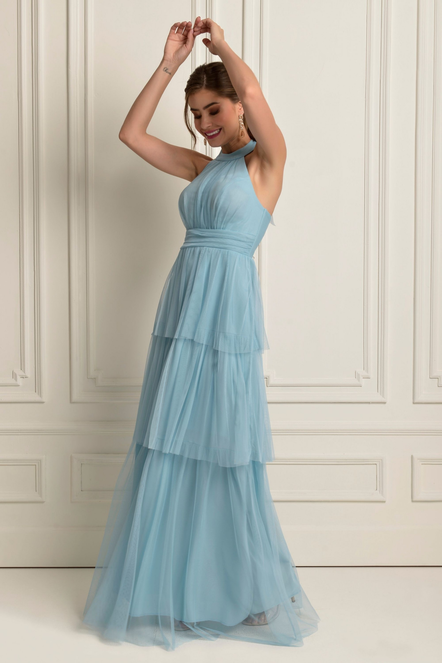 Vestido Festa Madrinha  Azul Serenity  frente única Longo Ladydress