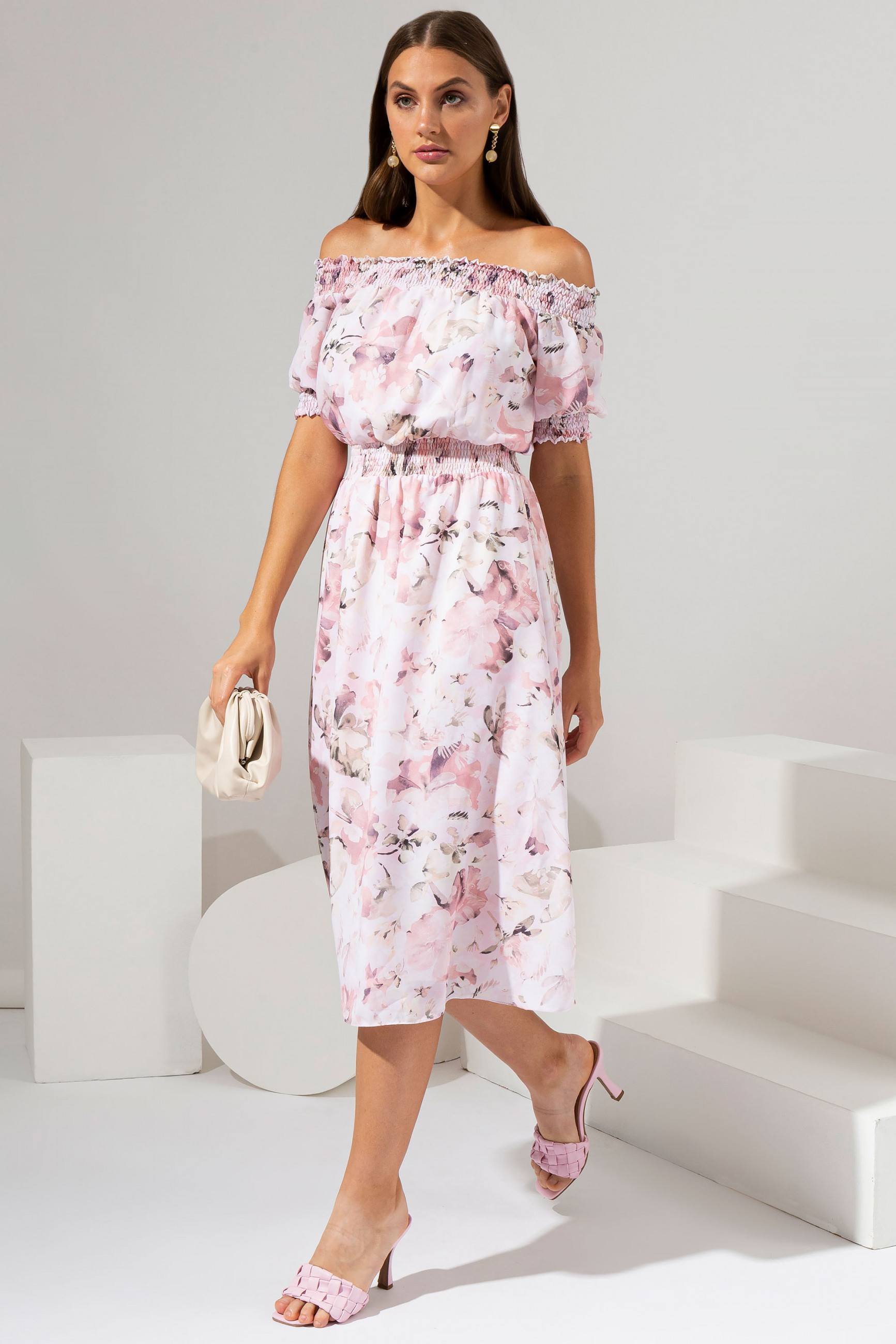 Vestido Midi Estampado Gaby Rosa