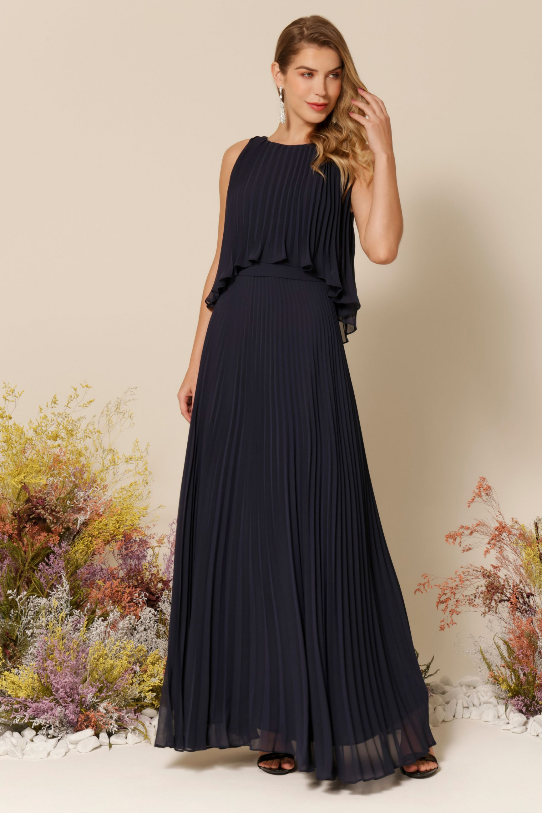 Vestido Festa Madrinha  Azul Marinho  busto plissado Longo Ladydress