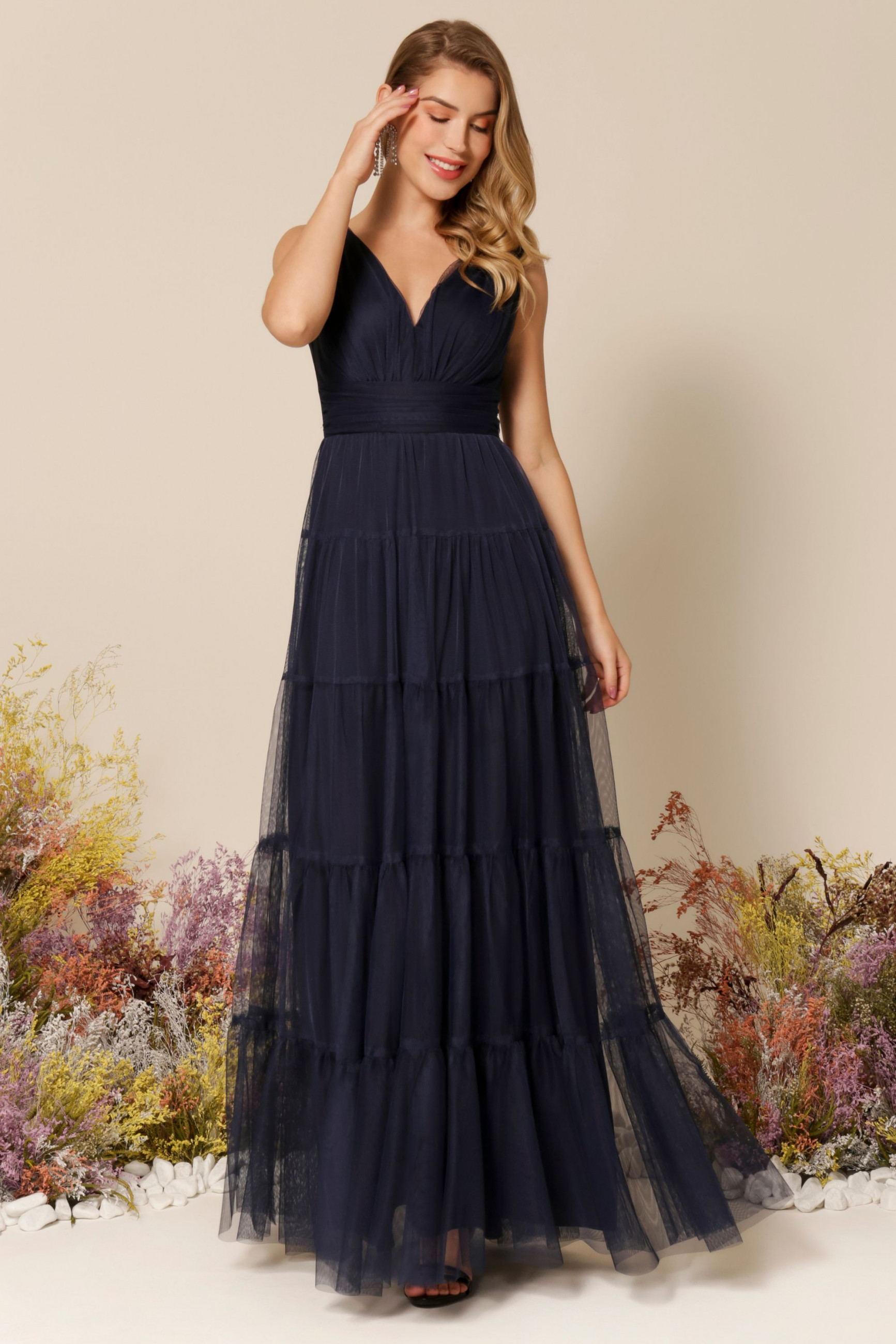 Vestido Festa Madrinha  Azul Marinho  Decote V Longo Ladydress