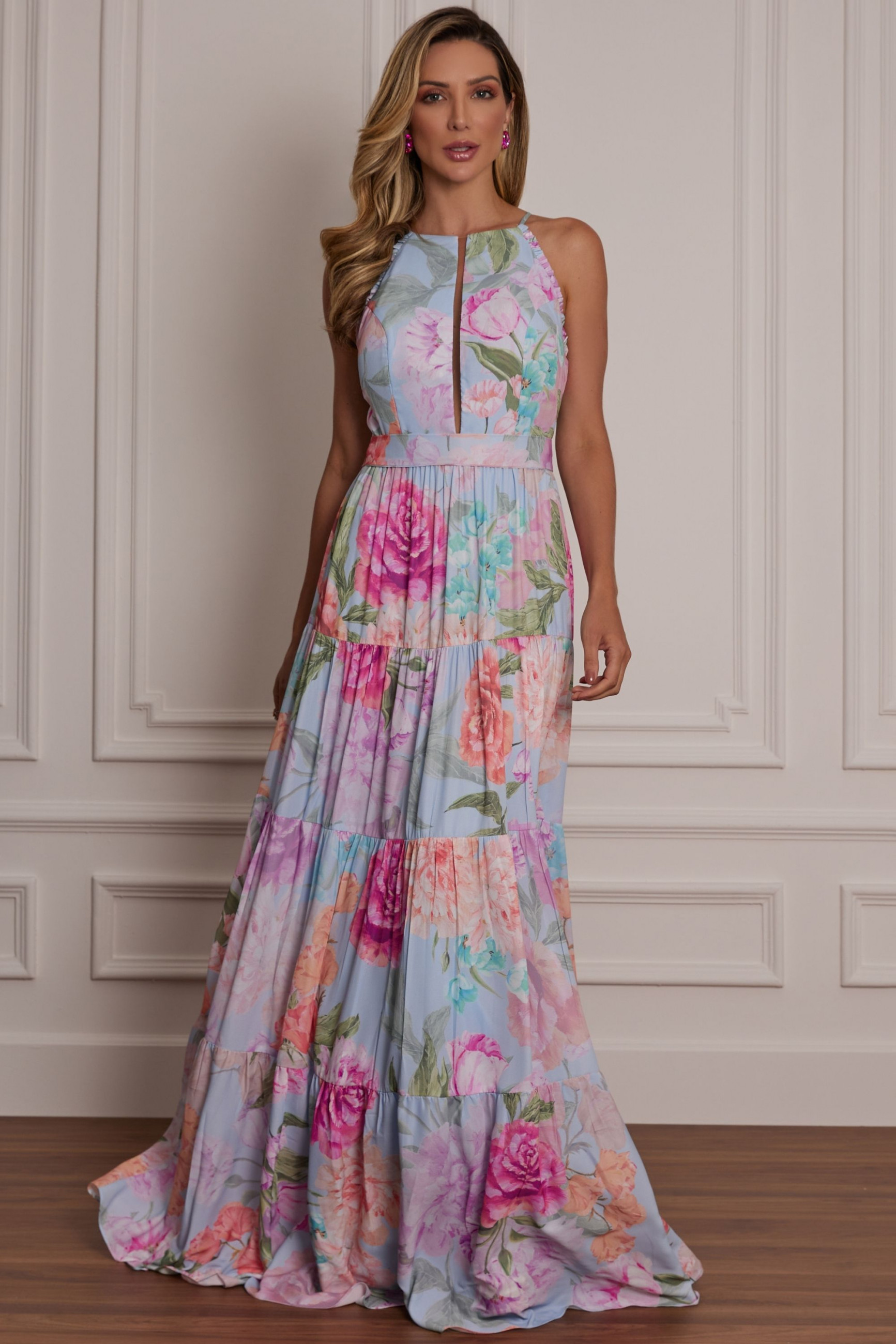 Vestido Festa Madrinha  Azul Serenity Estampado  Longo Ladydress