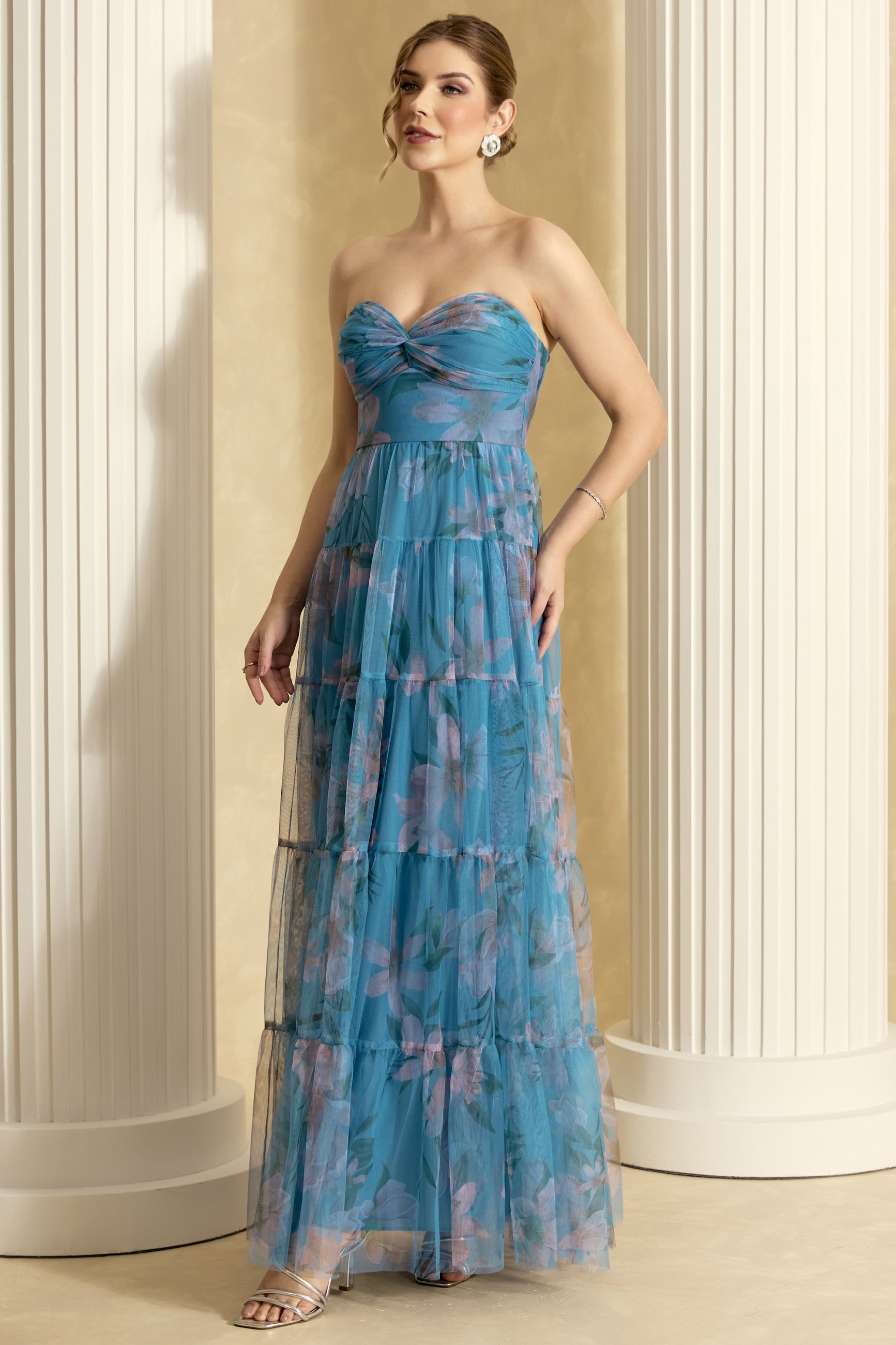 Vestido de Festa Longo Estampado Azul Serenity Antonela Ladydress