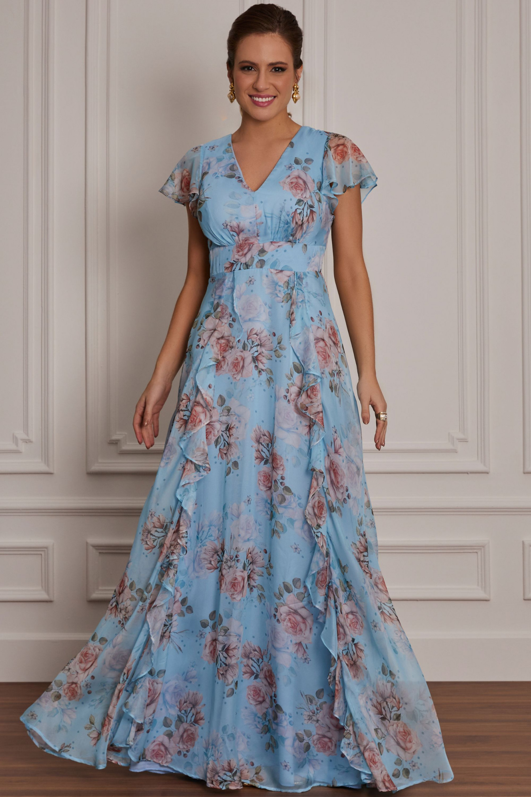 Vestido Festa Madrinha  Azul Serenity Estampado  Longo Ladydress