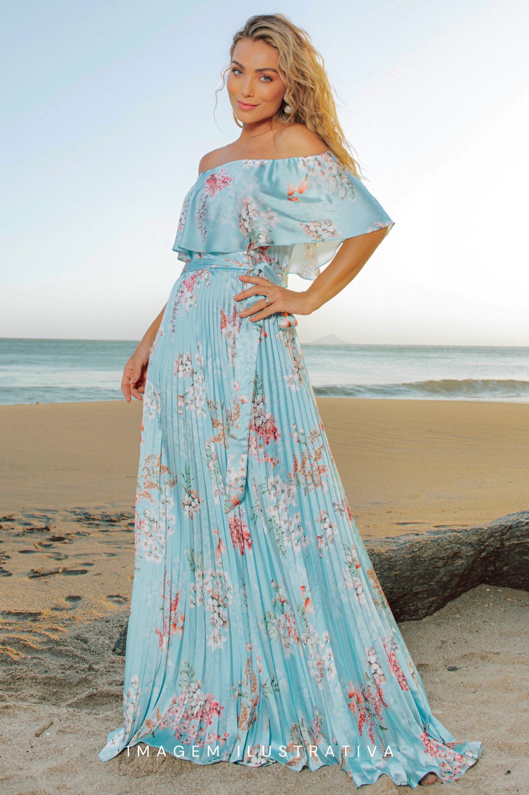 Vestido Festa Madrinha  Azul Serenity Estampado plissado Longo Ladydress