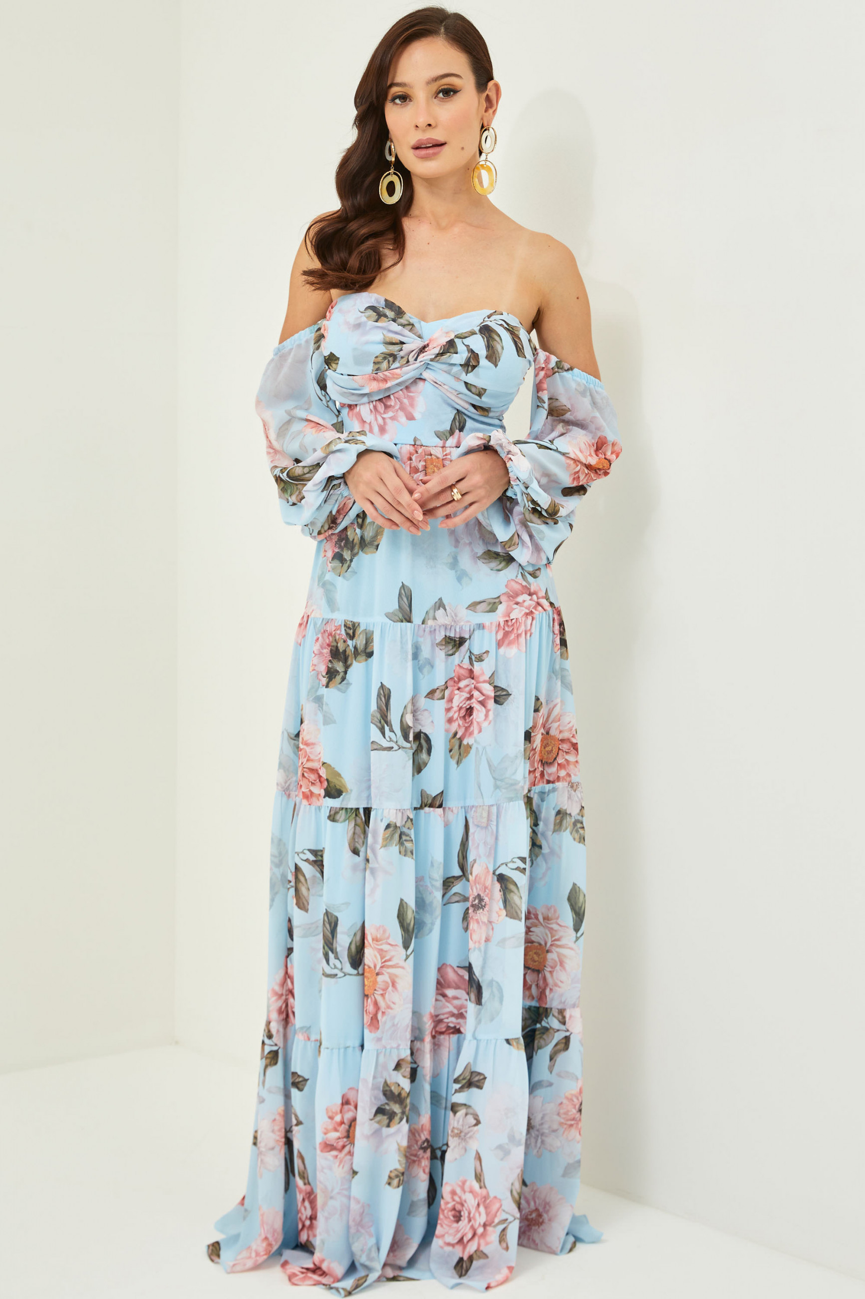 Vestido Festa Madrinha  Azul Serenity Estampado tomara que caia manga Longo Ladydress