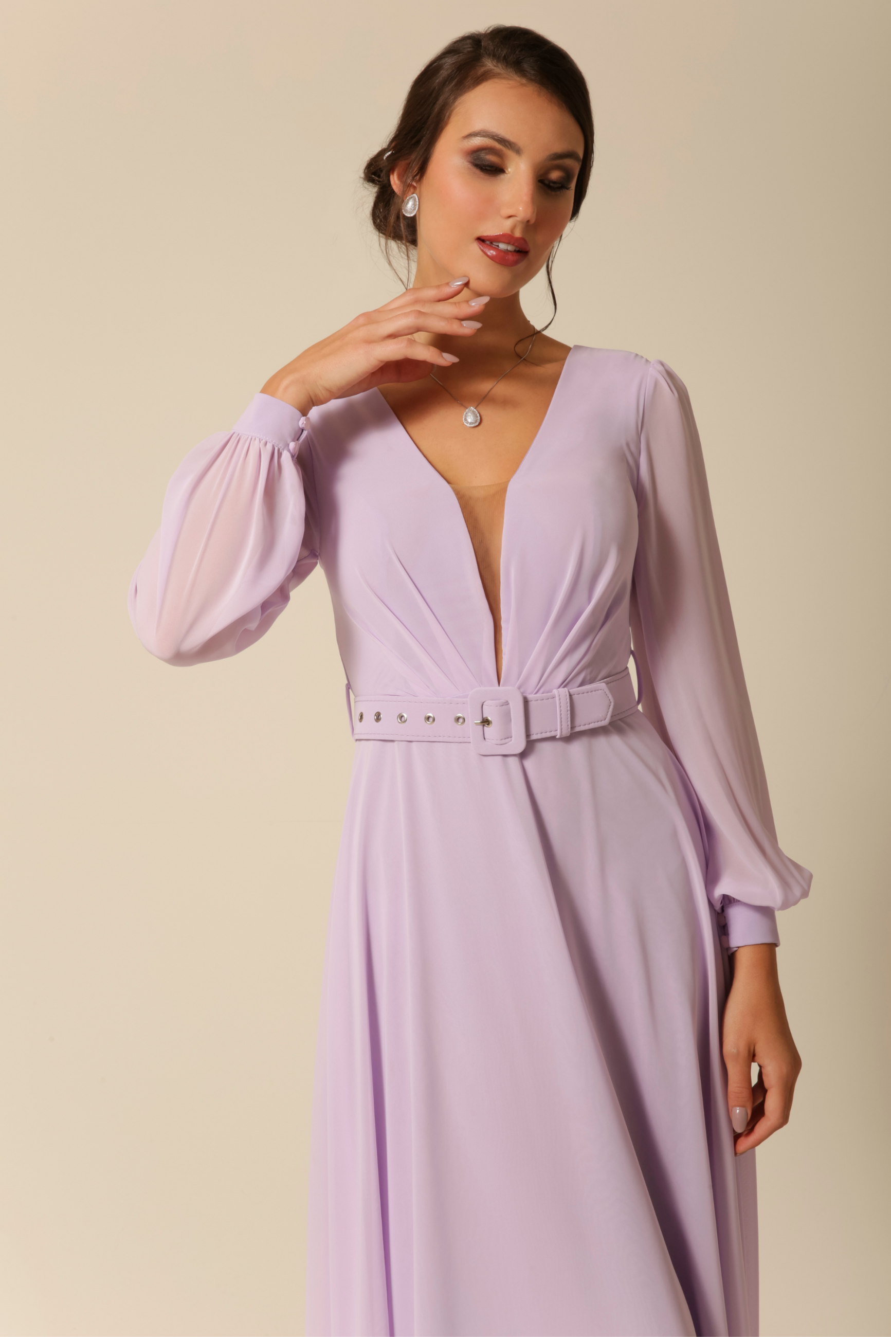 Vestido Festa Madrinha  Lavanda  Decote V Longo Ladydress