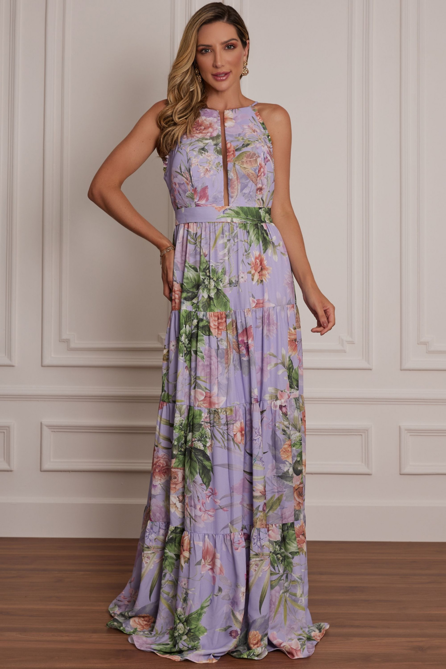 Vestido Festa Madrinha  Lilás Estampado  Longo Ladydress