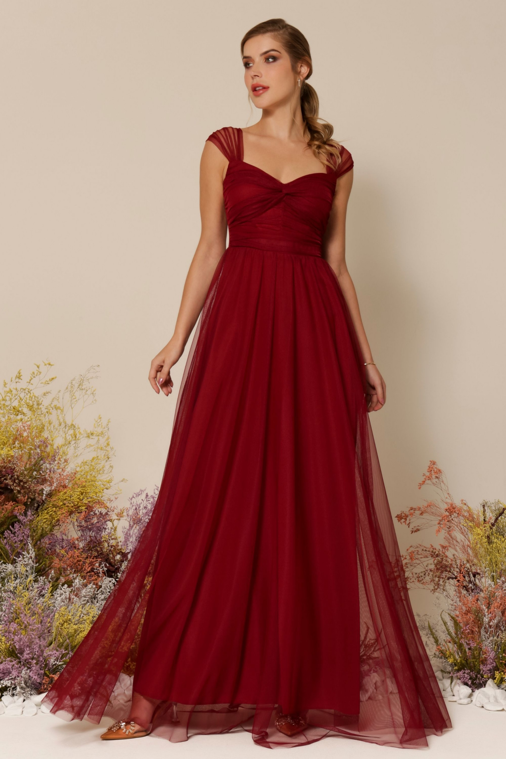Vestido Festa Madrinha  Marsala  decote coração Longo Ladydress