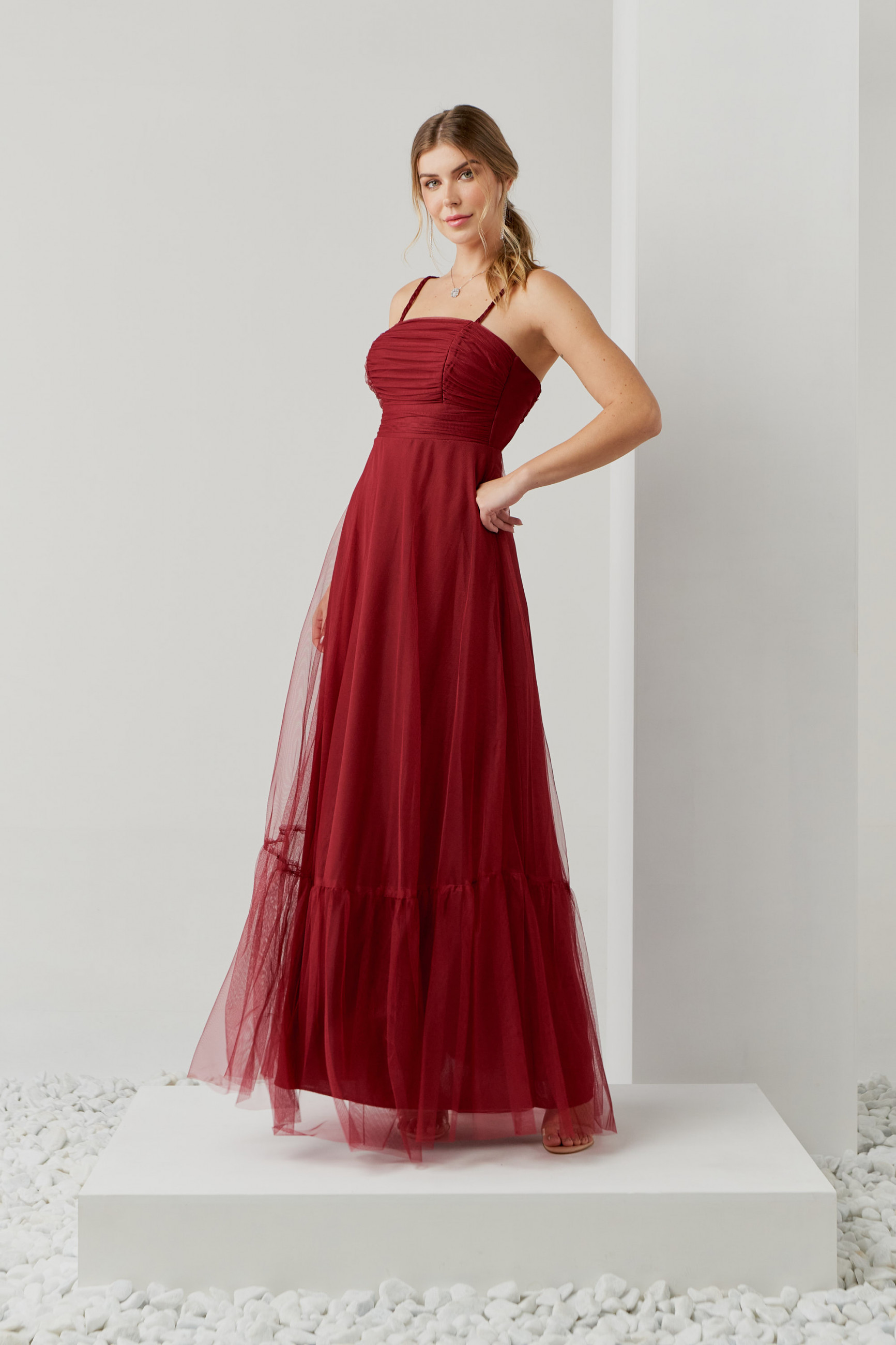 Vestido Festa Madrinha  marsala  tule longo Ladydress