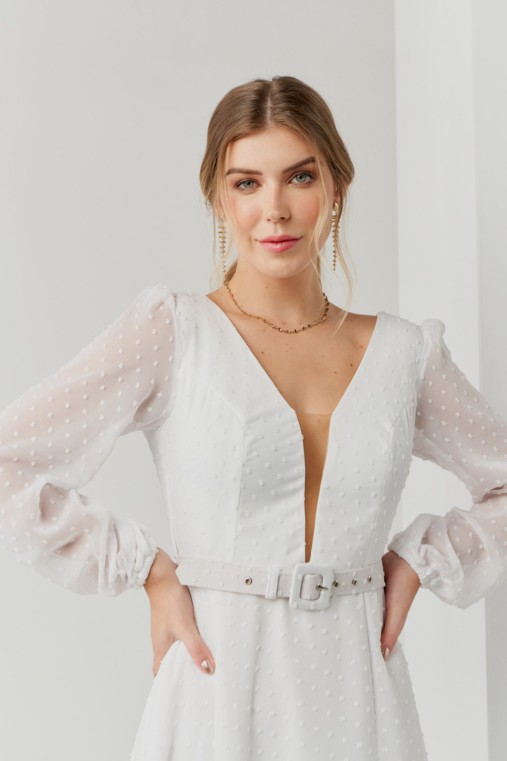 Vestido Festa Madrinha  off white  manga longo Ladydress