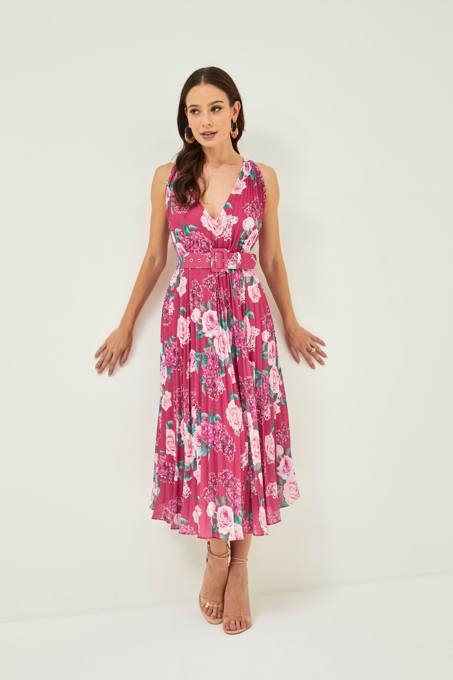 Vestido Festa Madrinha  Pink Estampado estampa floral Midi Ladydress