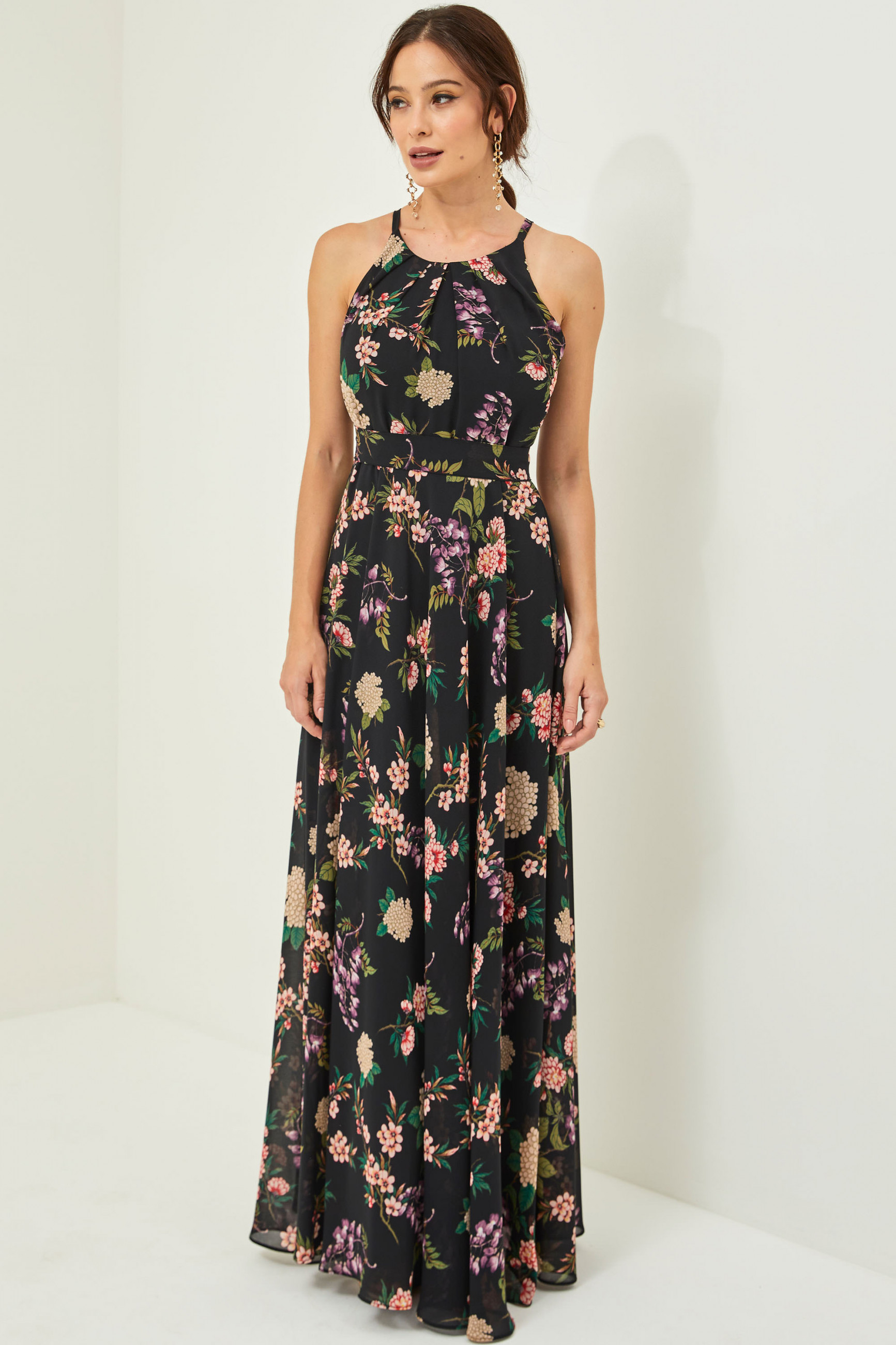 Vestido Festa Madrinha  Preto  Estampado floral Longo Ladydress