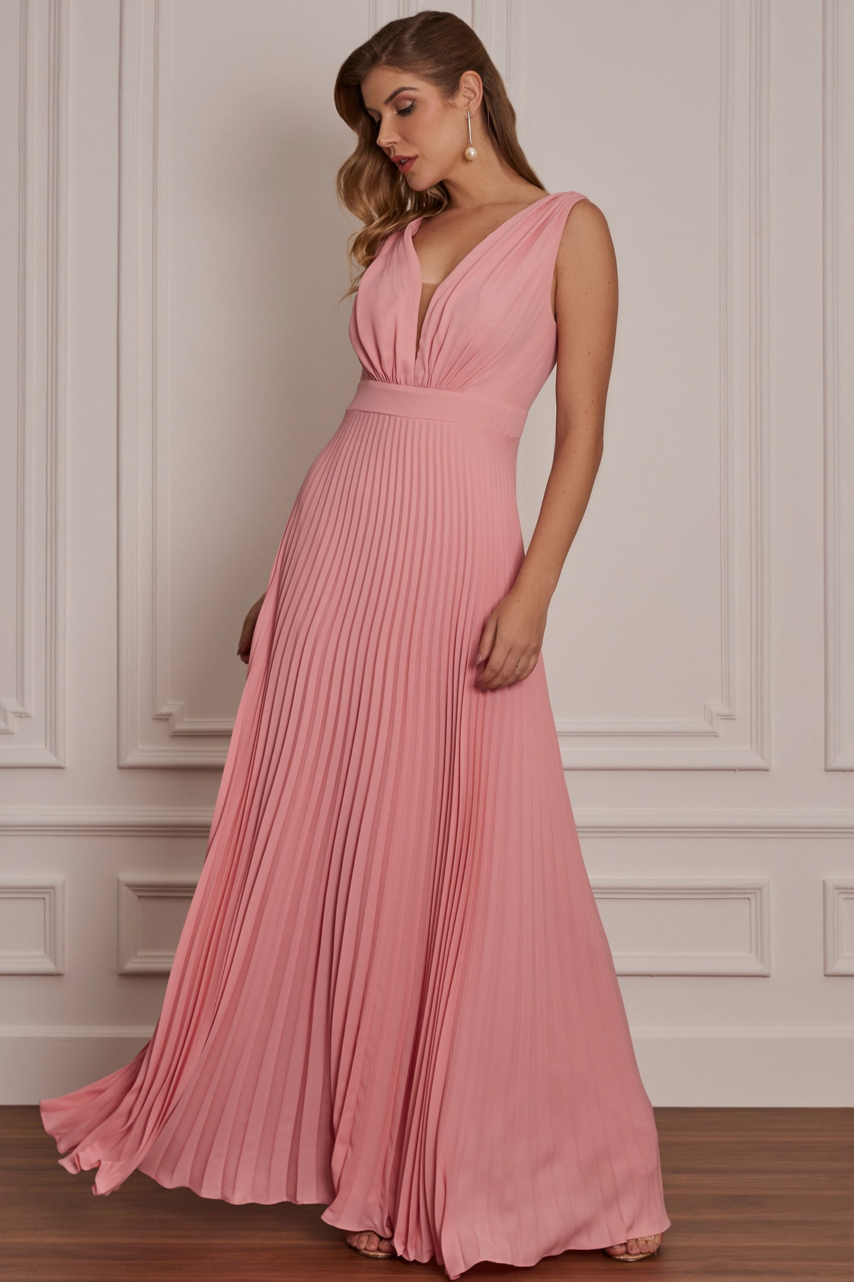 Vestido Festa Madrinha  Rosa  decote plissado Longo Ladydress