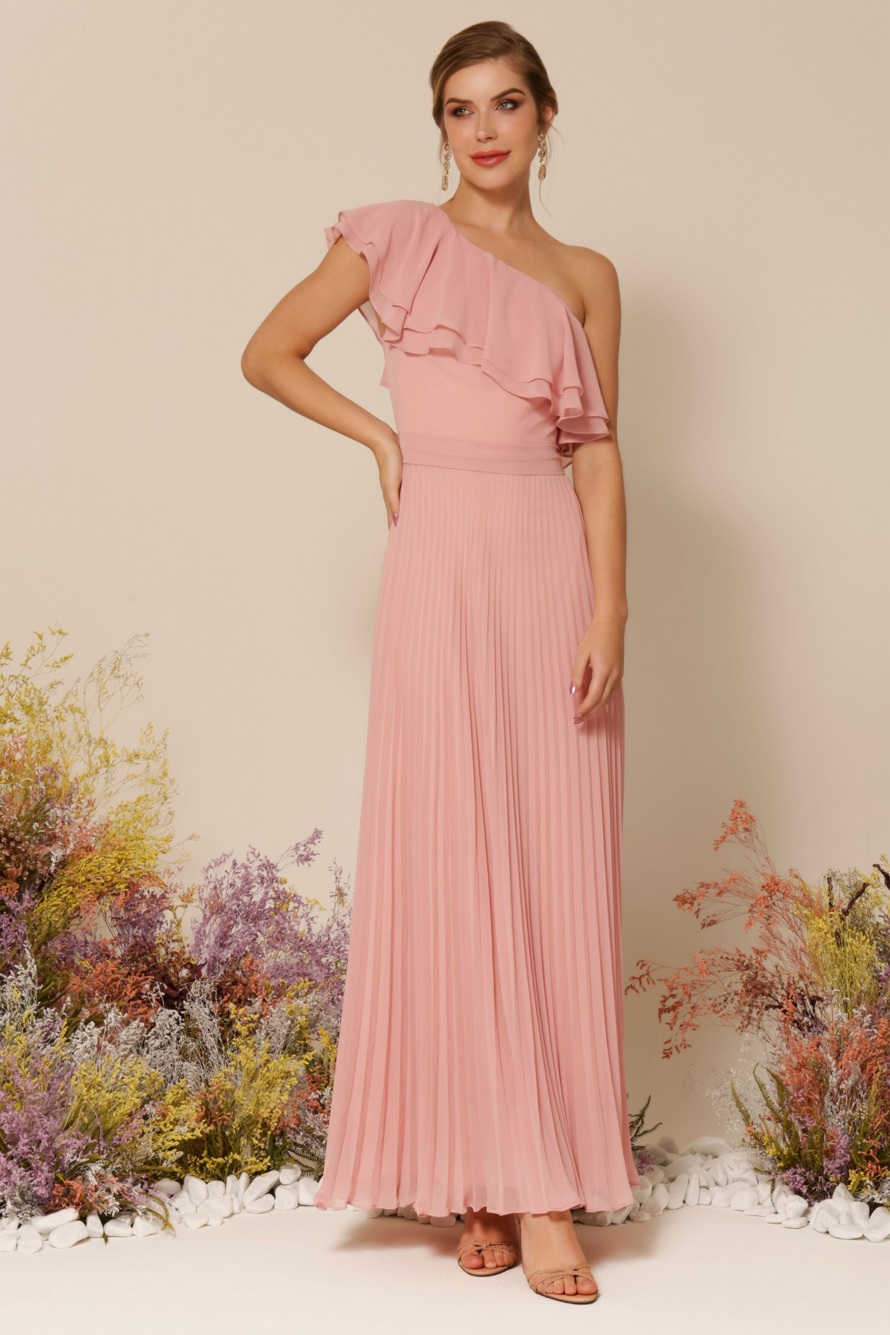 Vestido Festa Madrinha  Rosa  saia plissada Longo Ladydress