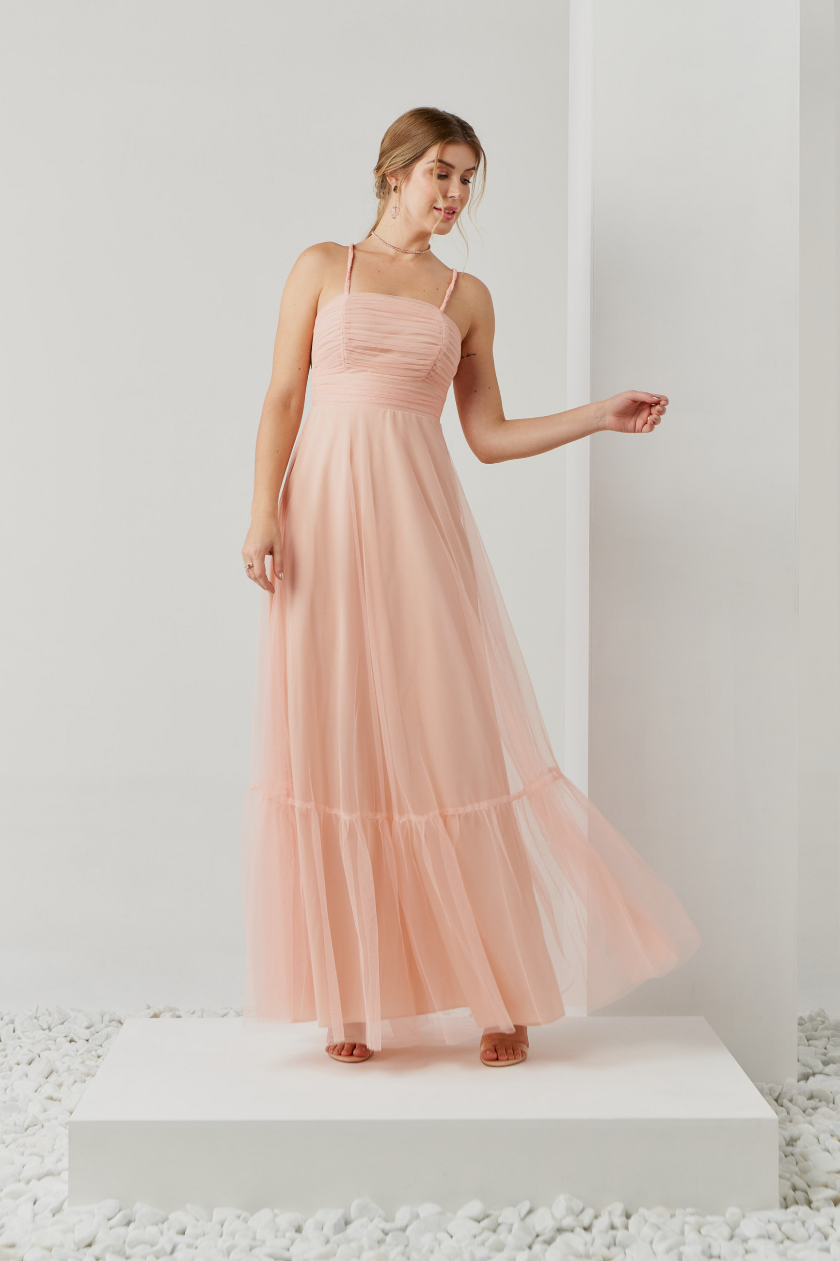 Vestido Festa Madrinha  rosa  tule longo Ladydress