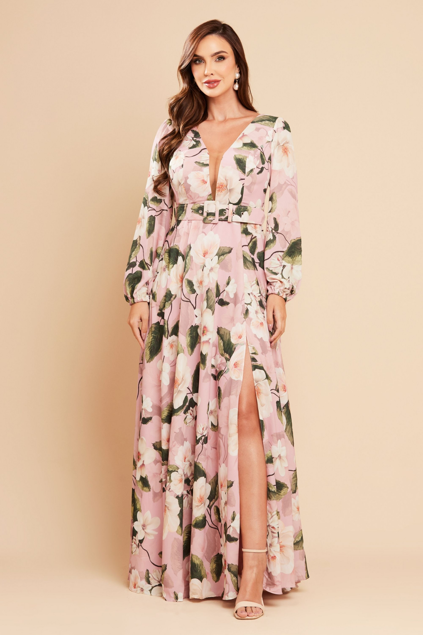 Vestido de Festa Longo Estampado Rosa Viola Ladydress