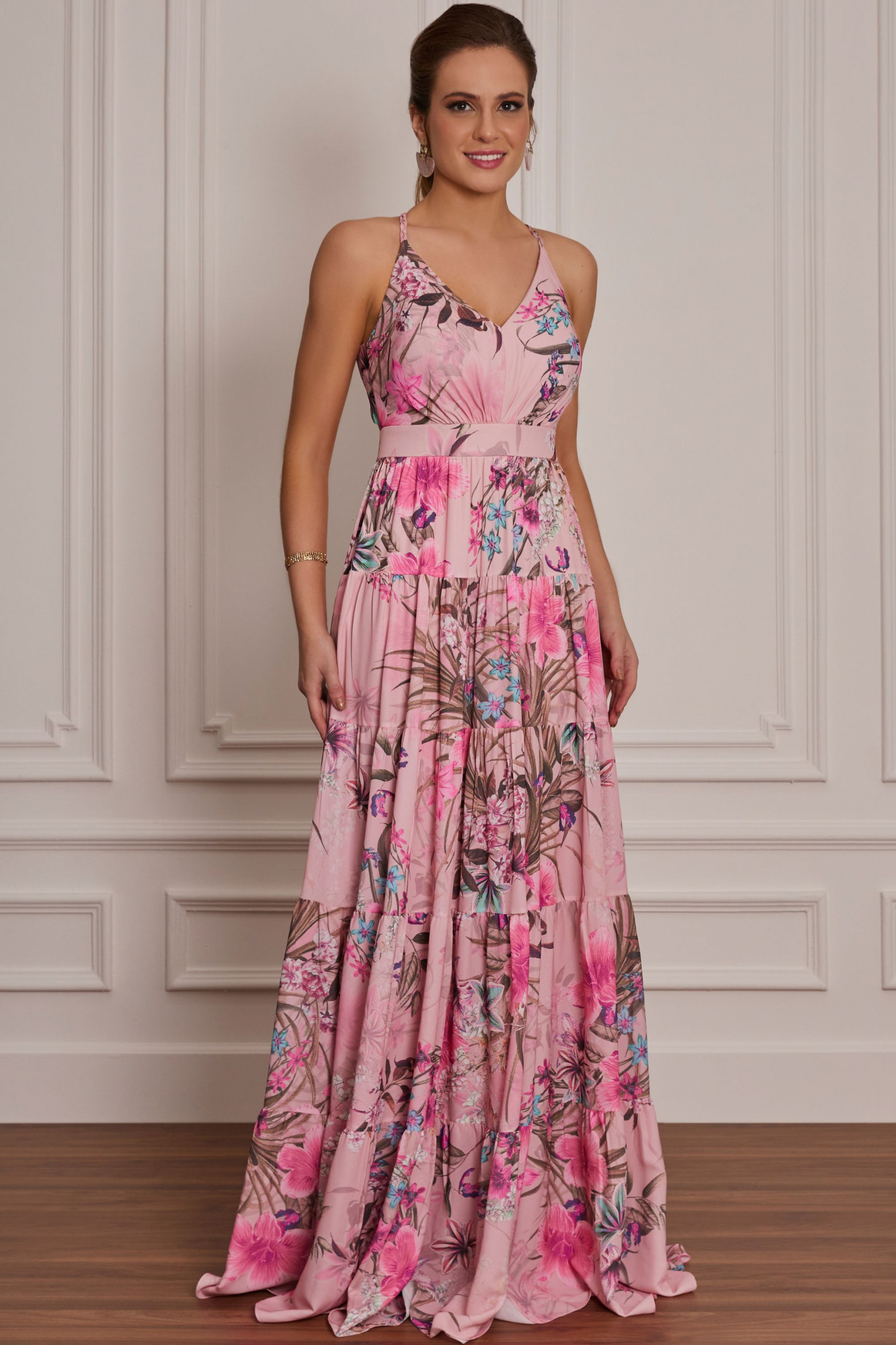 Vestido Festa Madrinha  Rosa Estampado  Longo Ladydress