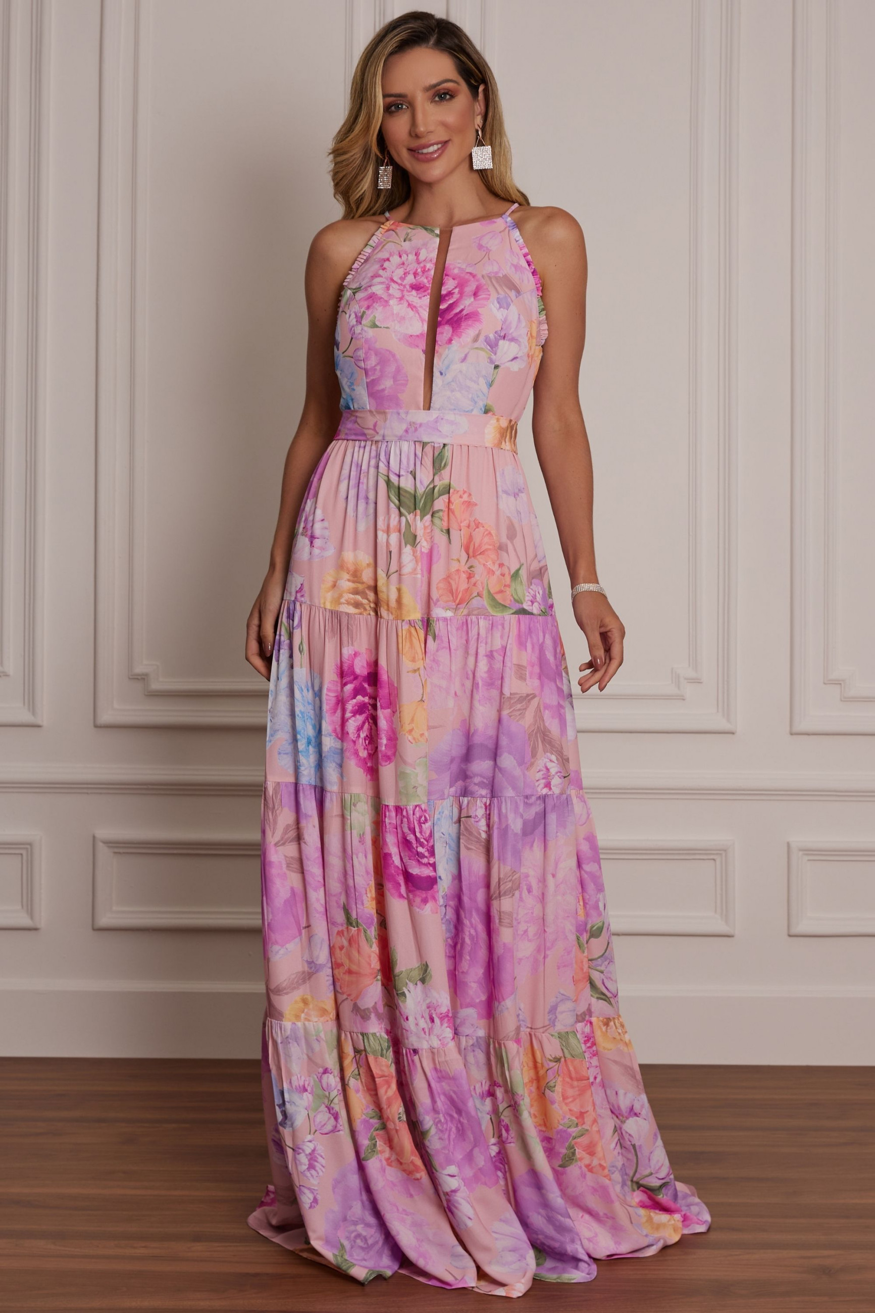 Vestido Festa Madrinha  Rosa Estampado  Longo Ladydress