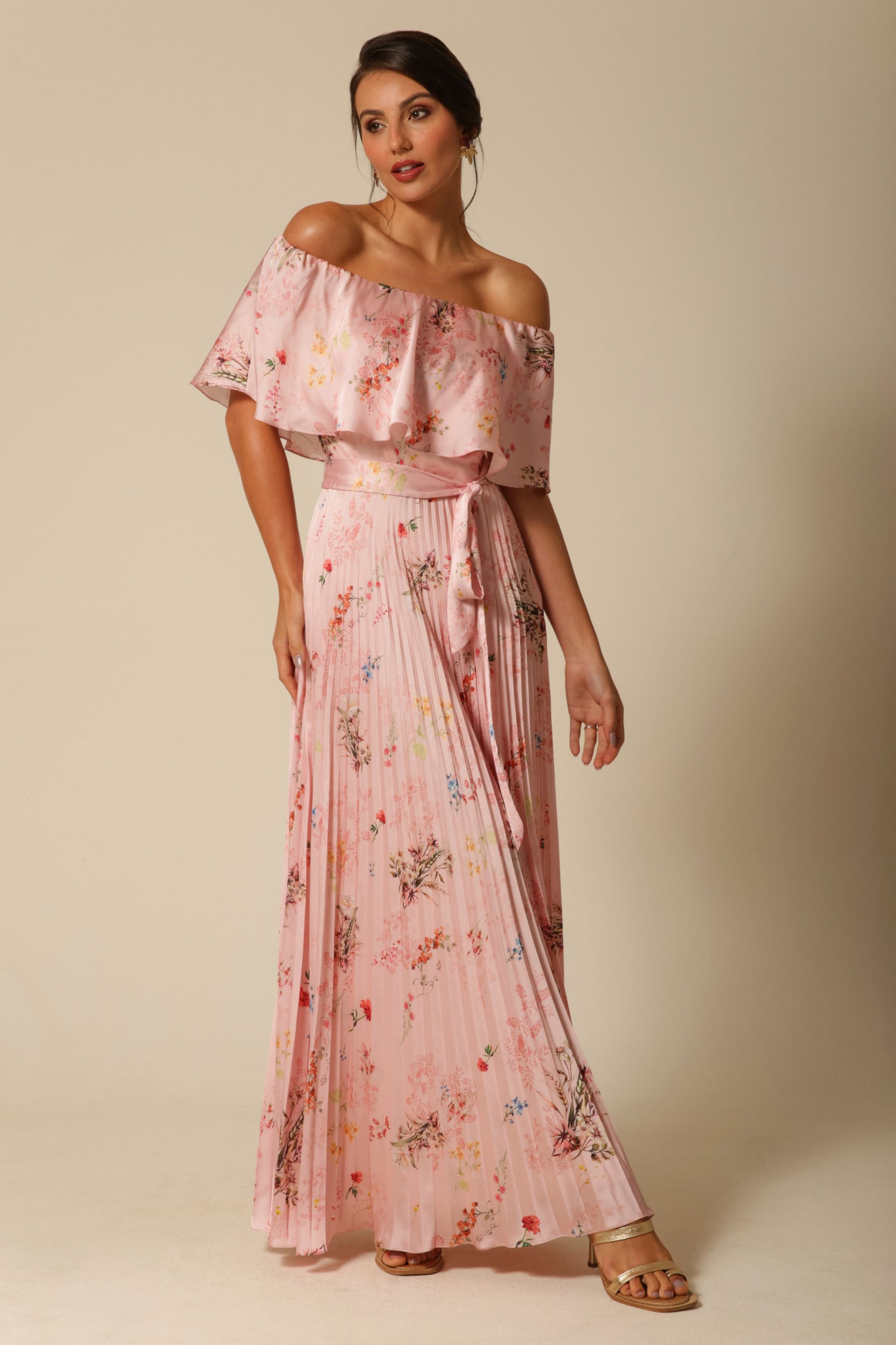 Vestido Festa Madrinha  Rosa Estampado Babado no decote Longo Ladydress