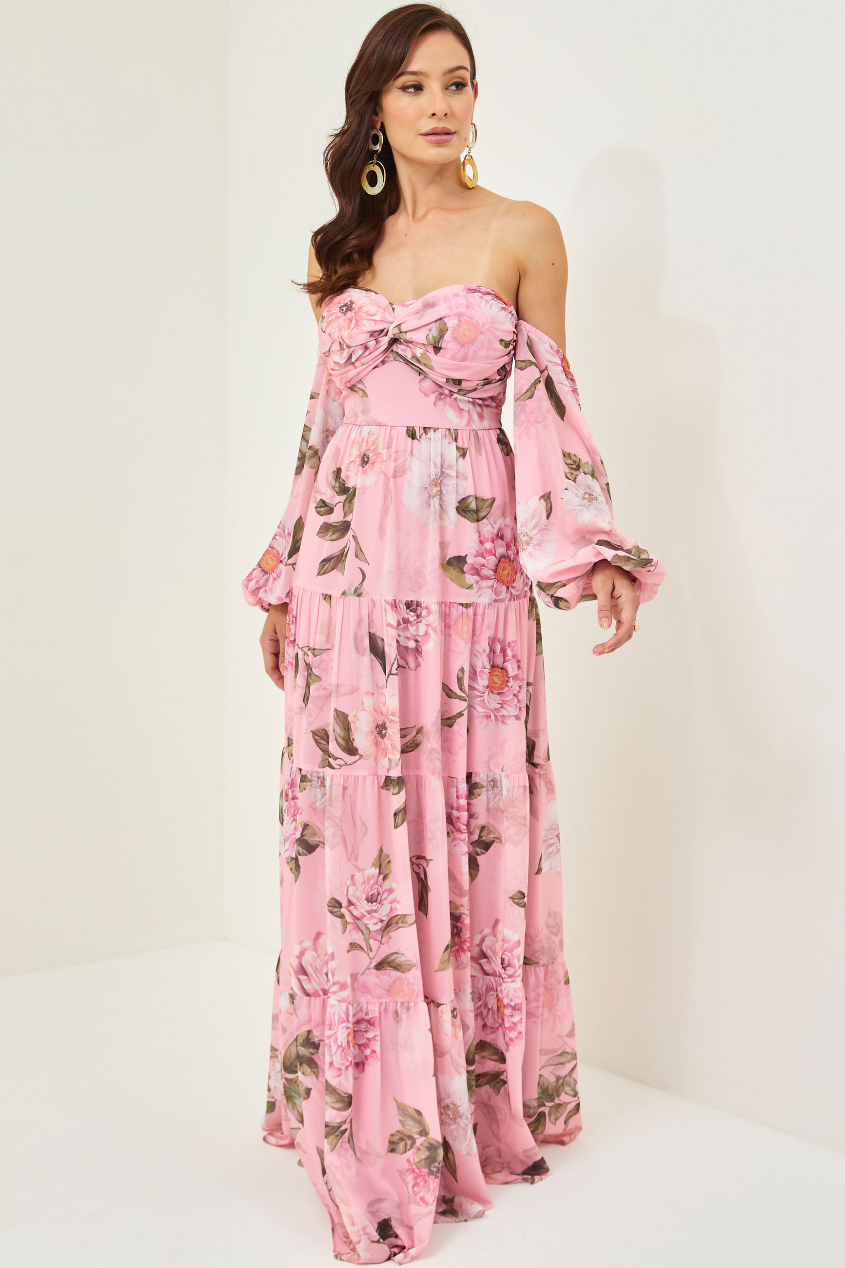 Vestido Festa Madrinha  Rosa Estampado tomara que caia manga Longo Ladydress