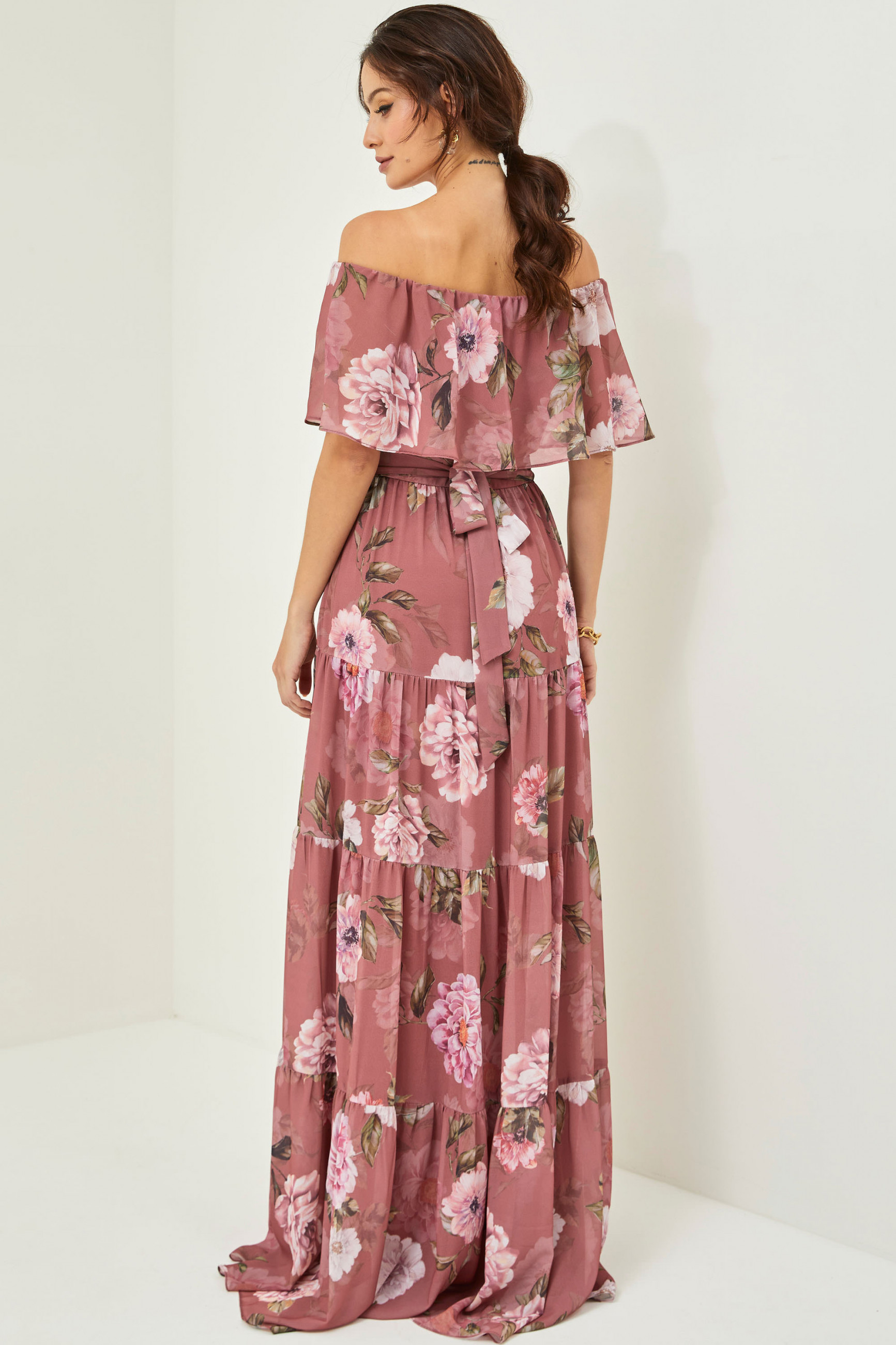 Vestido Festa Madrinha  Rose Estampado ombro  Longo Ladydress