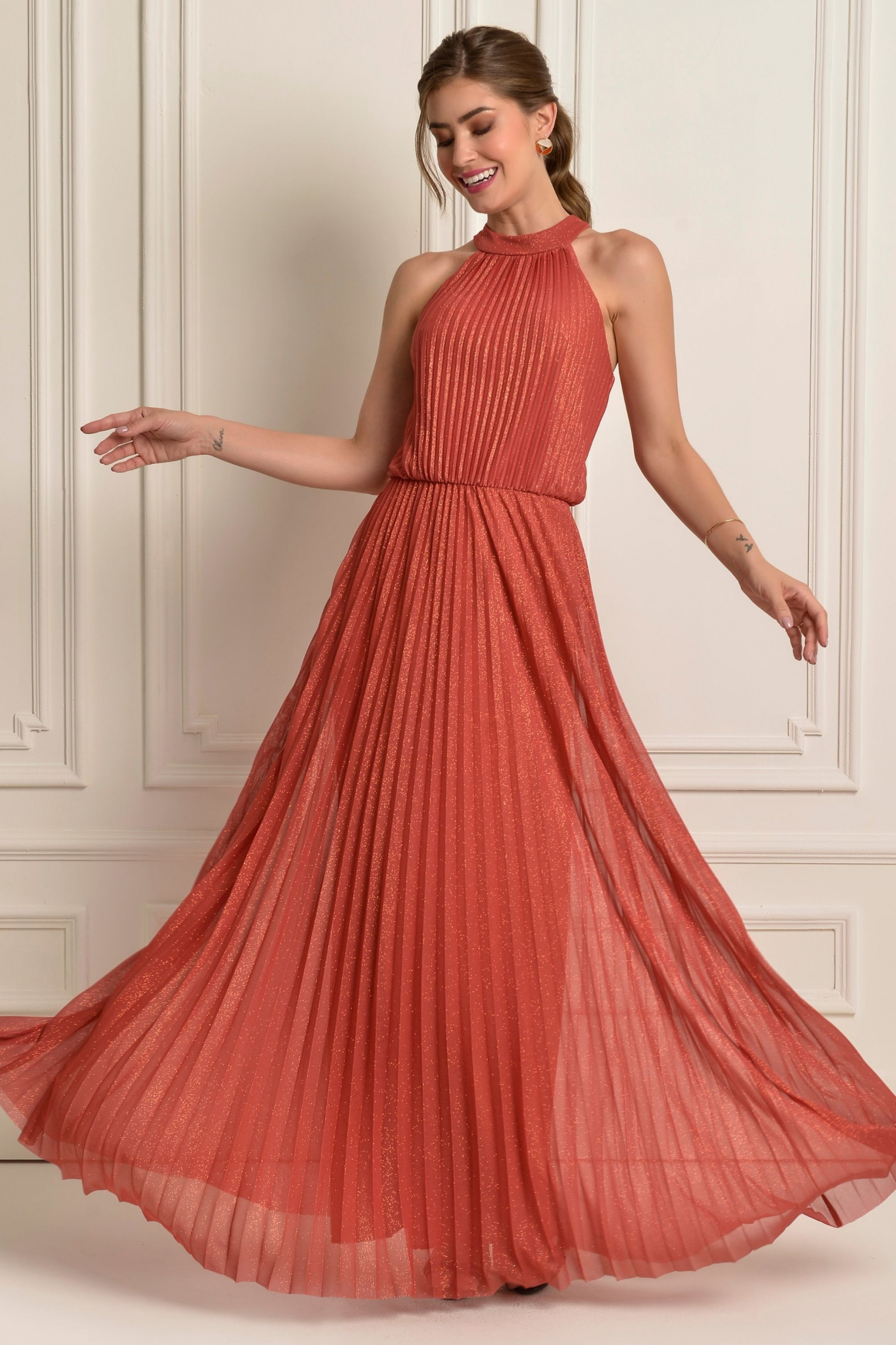 Vestido Festa Madrinha  Terracota  amarração nas costas Longo Ladydress