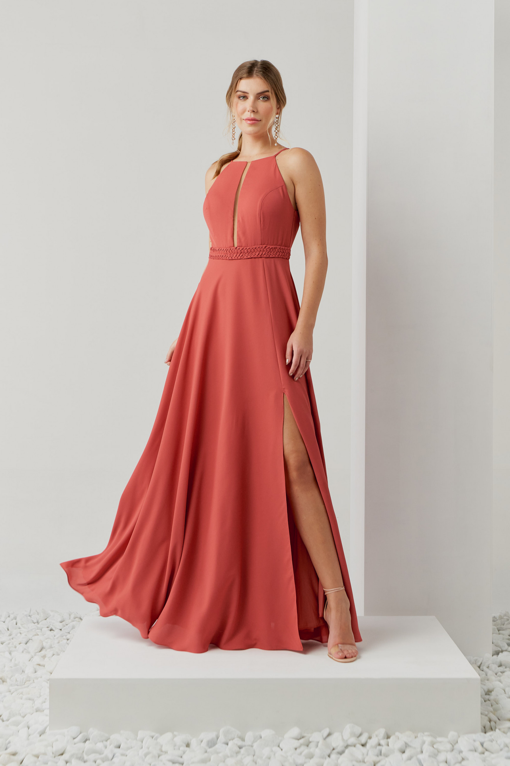 Vestido Festa Madrinha  terracota  fenda longo Ladydress