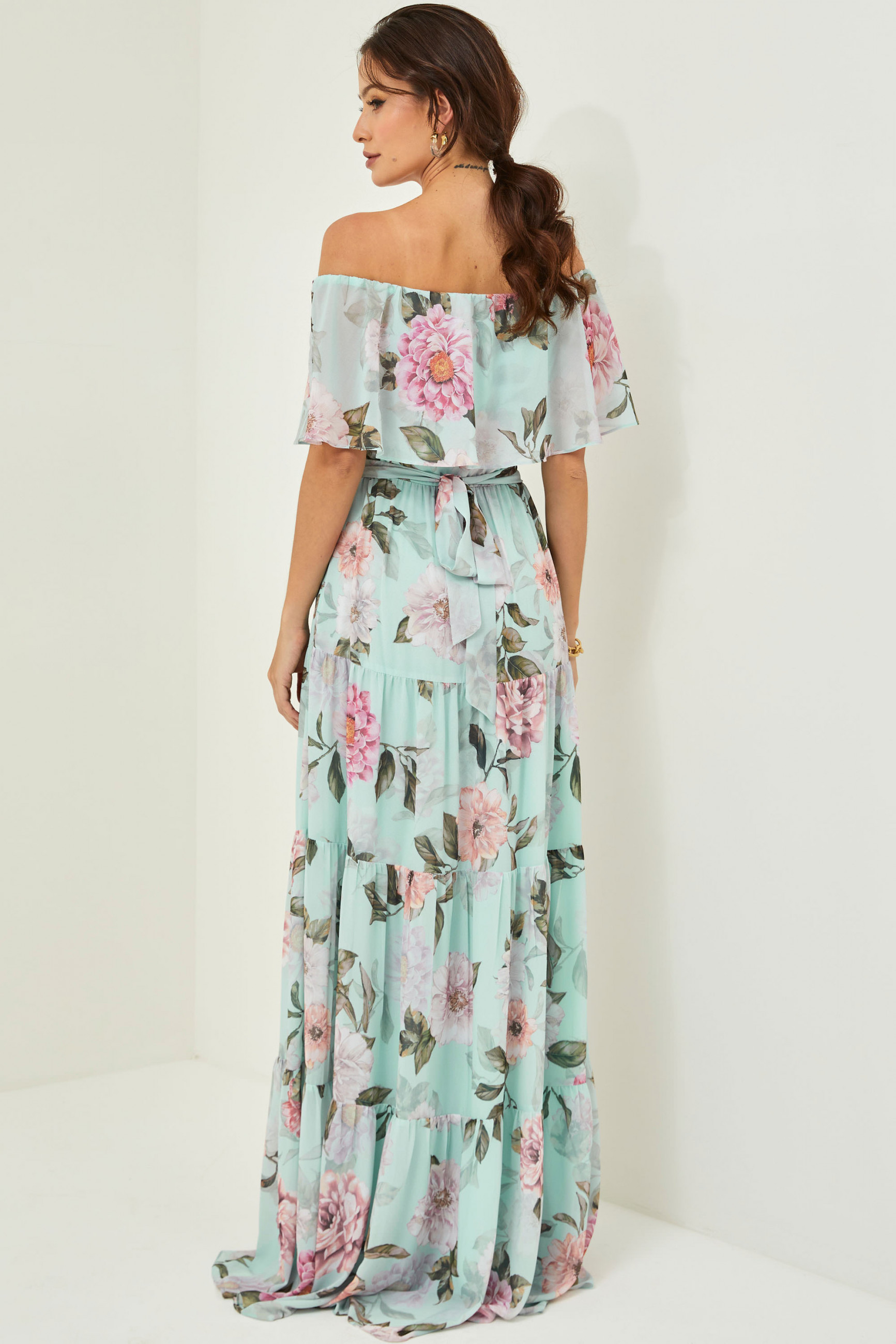 Vestido Festa Madrinha  Verde Claro Estampado babado ombro  Longo Ladydress