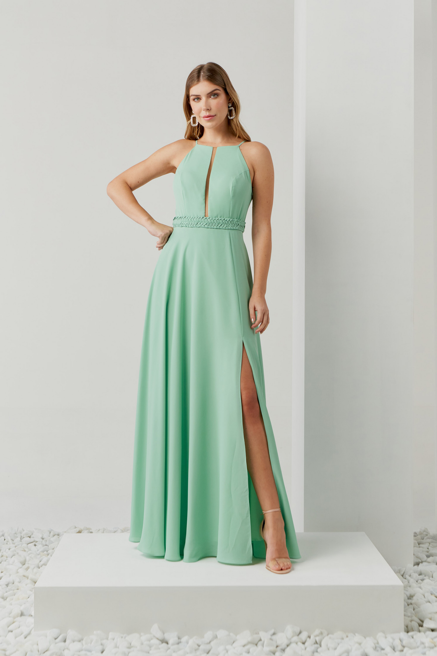 Vestido Festa Madrinha  verde menta  fenda longo Ladydress