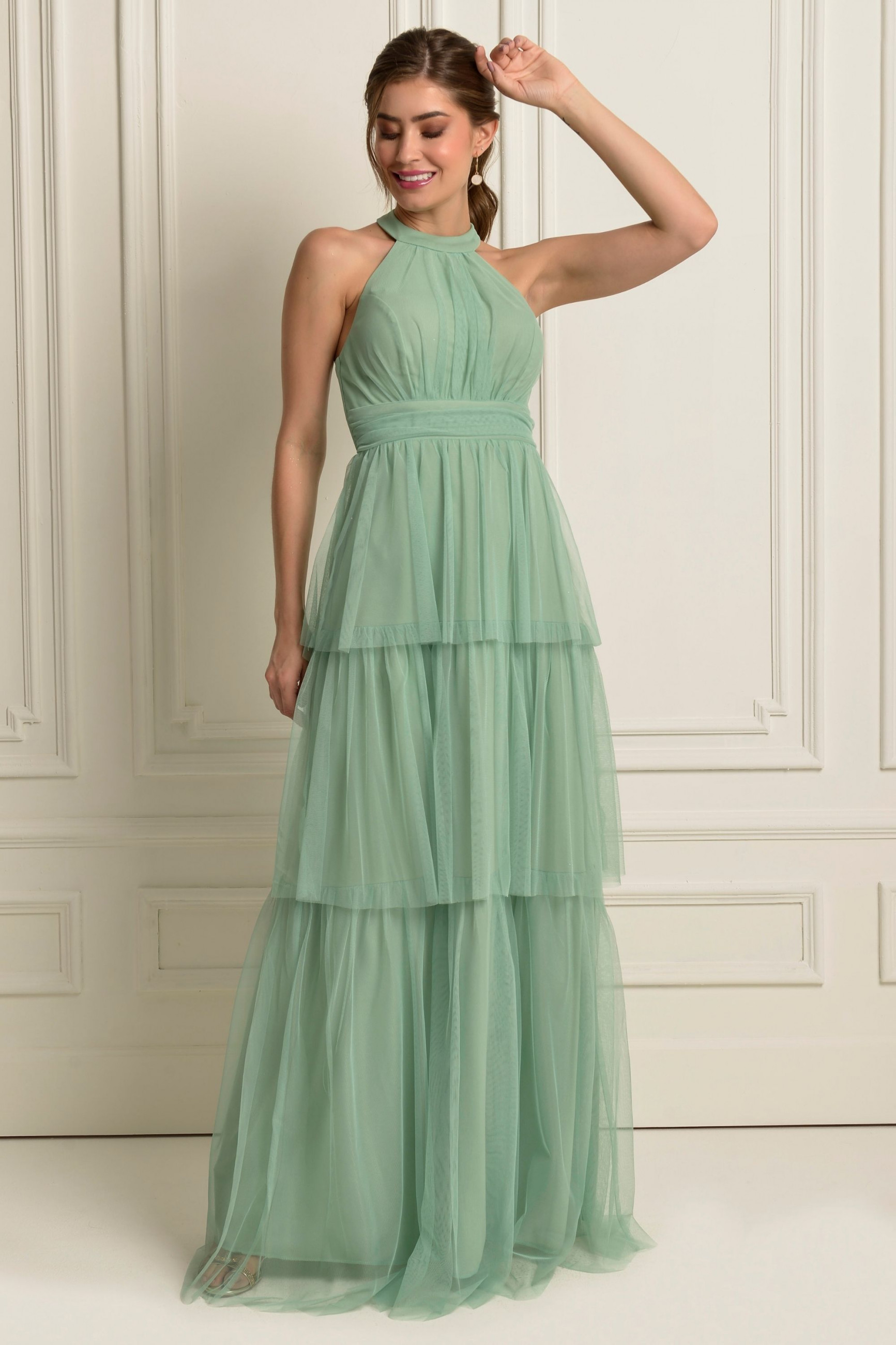 Vestido Festa Madrinha  Verde Menta  frente única Longo Ladydress