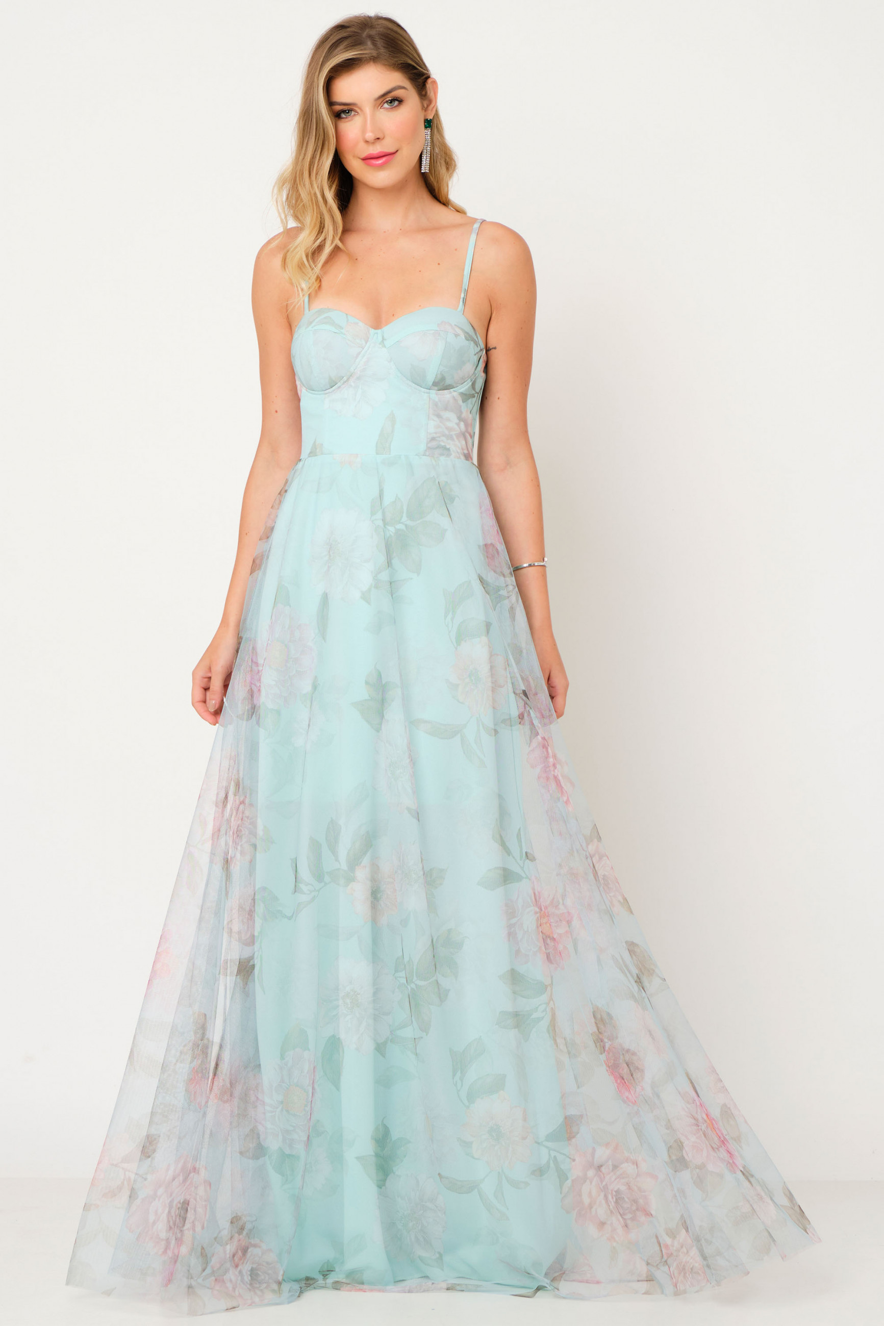 Vestido Festa Madrinha  Verde Menta Estampado decote Longo Ladydress