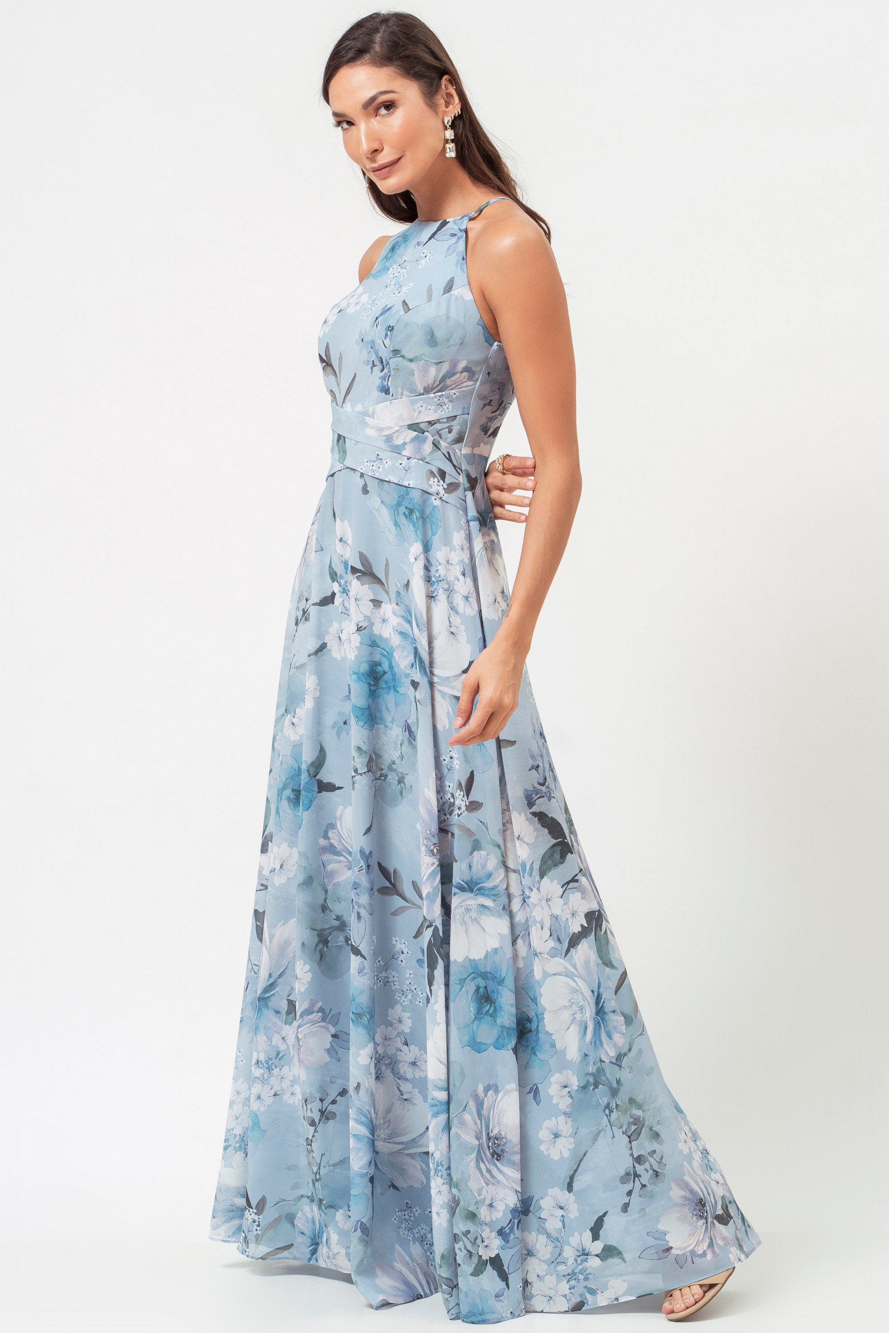 Vestido Festa Madrinha Azul Serenity Estampado Decote Halter Crepe Evasê Transpasse Longo Ladydress