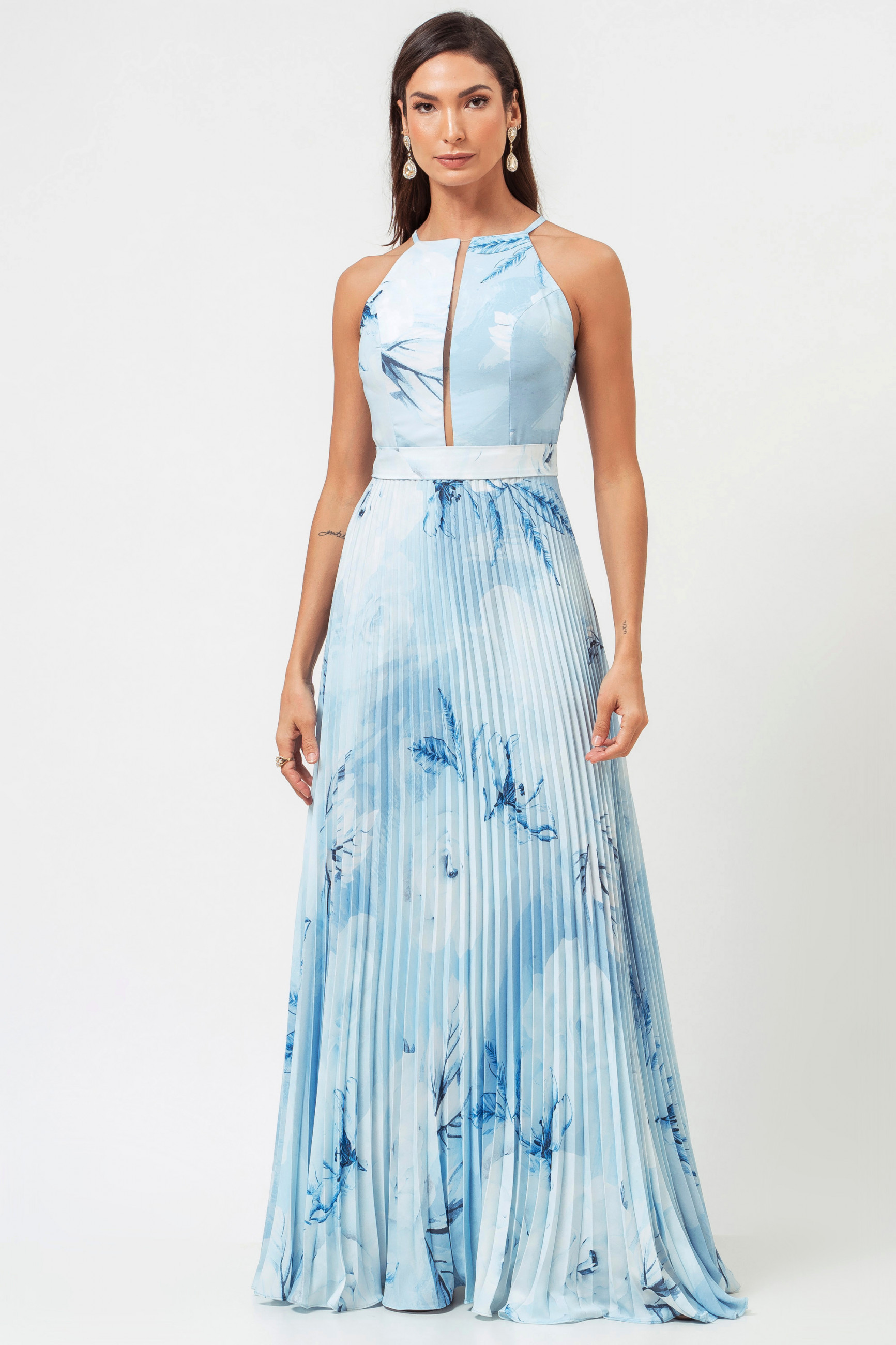 Vestido Festa Madrinha Azul Serenity Estampado Decote Halter Crepe Plissado Longo Ladydress