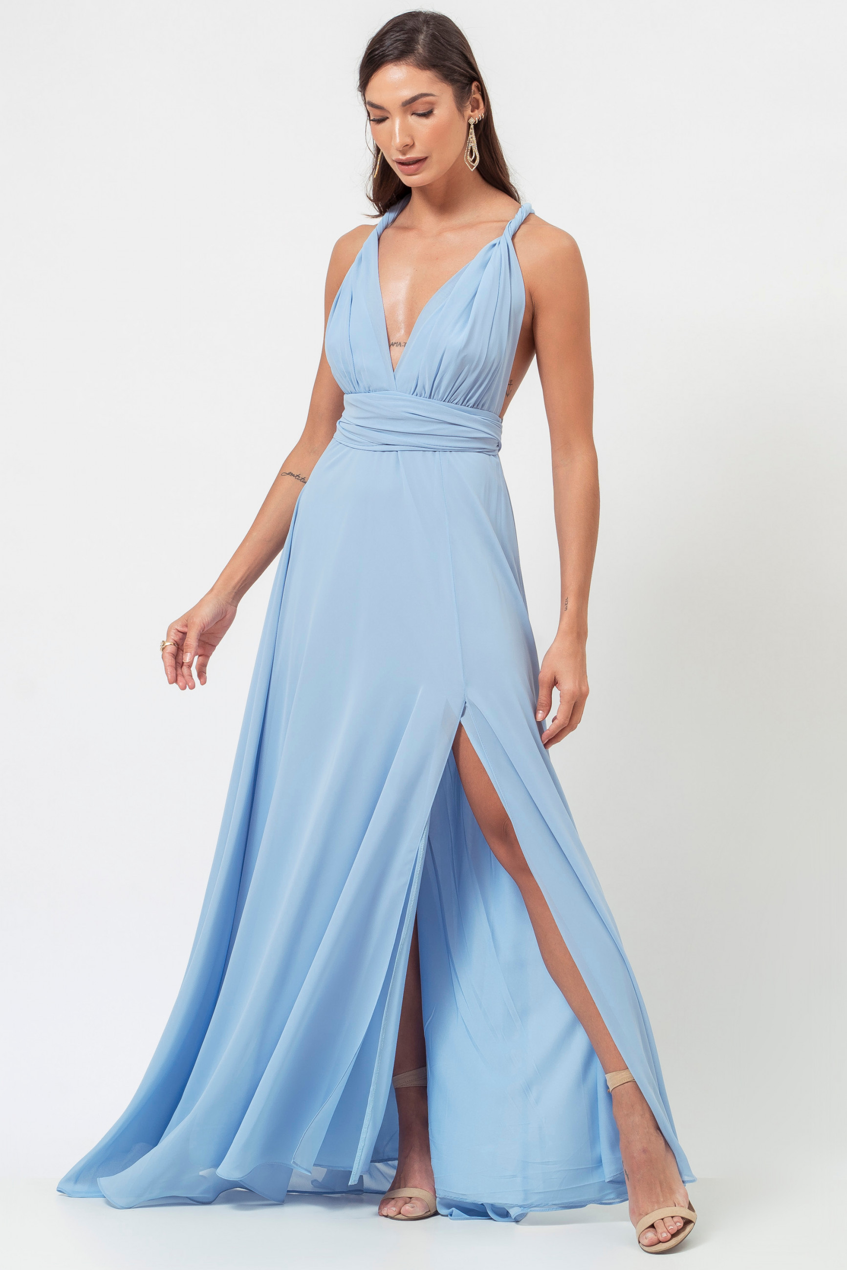 Vestido Festa Madrinha  Azu Serenity Mil Chiffon Multiforma Fenda Longo Ladydress