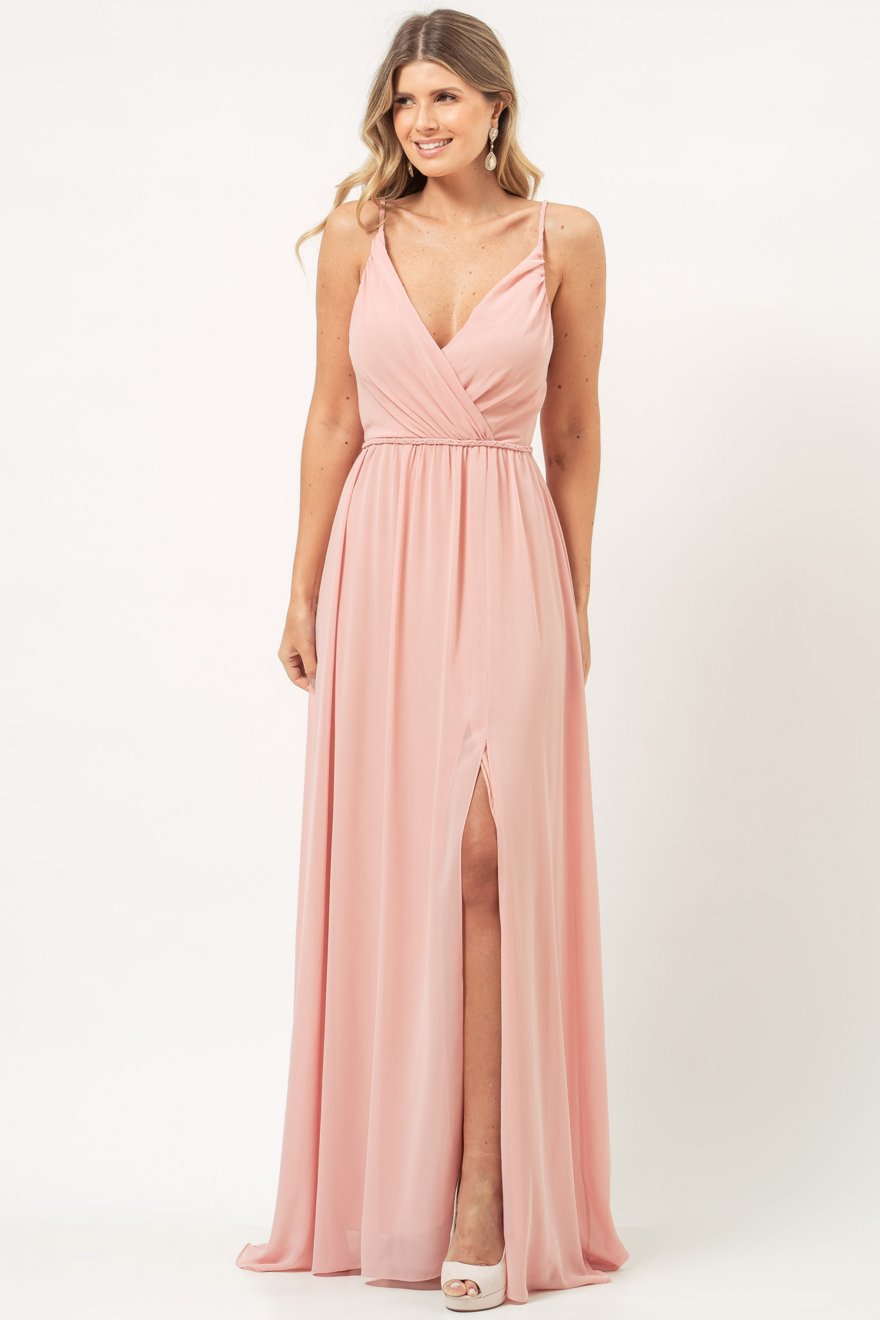 Vestido Festa Madrinha  Nude Rosa  Chiffon Decote V Fenda Manga  Longo Ladydress