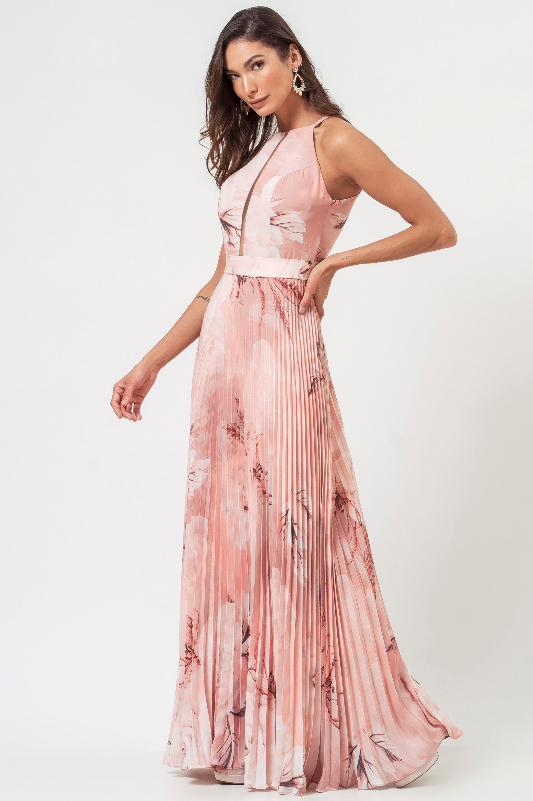 Vestido Festa Madrinha Nude Rosa Estampado Decote Halter Crepe Plissado Longo Ladydress