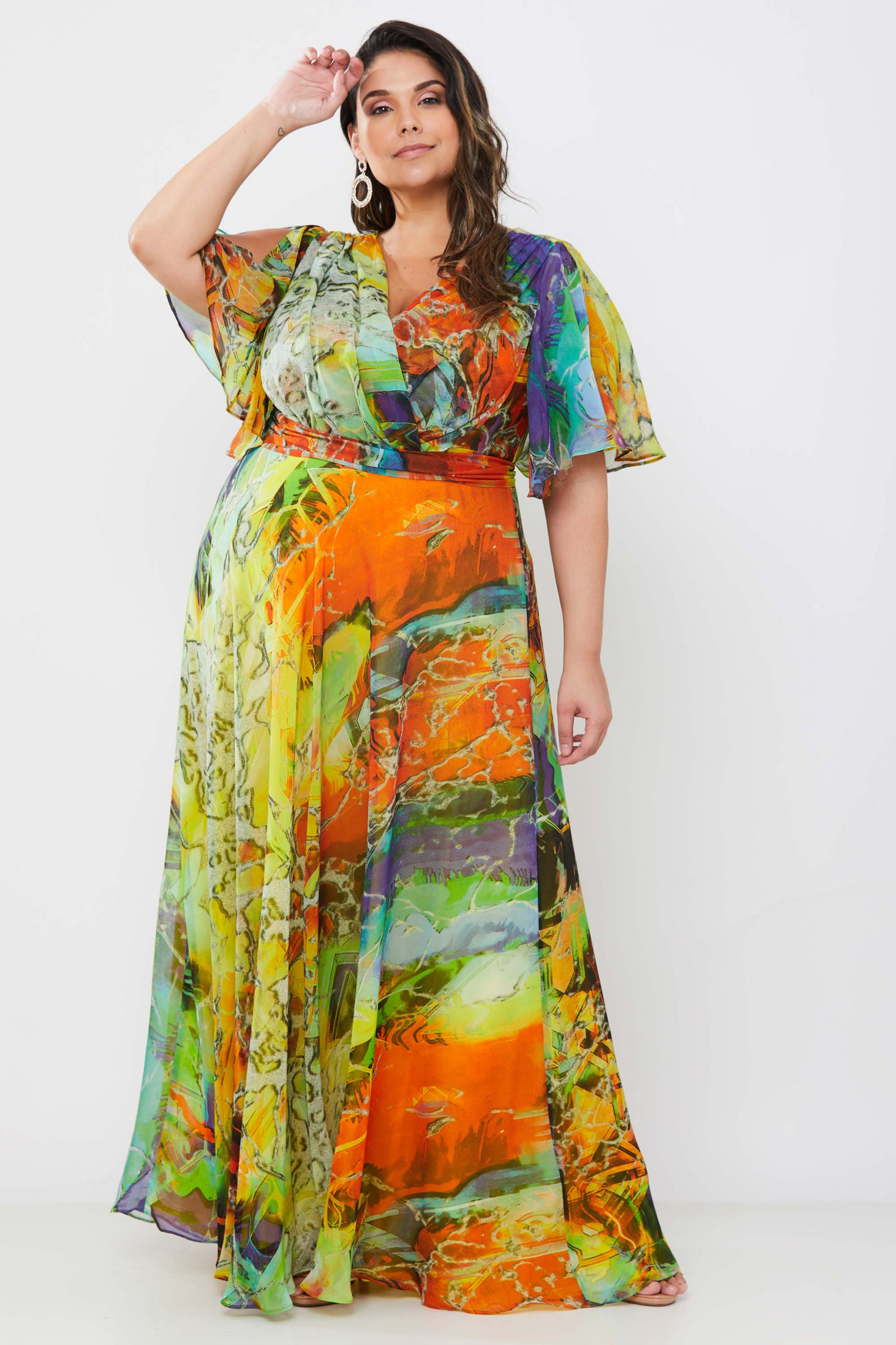 Vestido Festa Madrinha Plus Amarelo  Manga Longo Ladydress