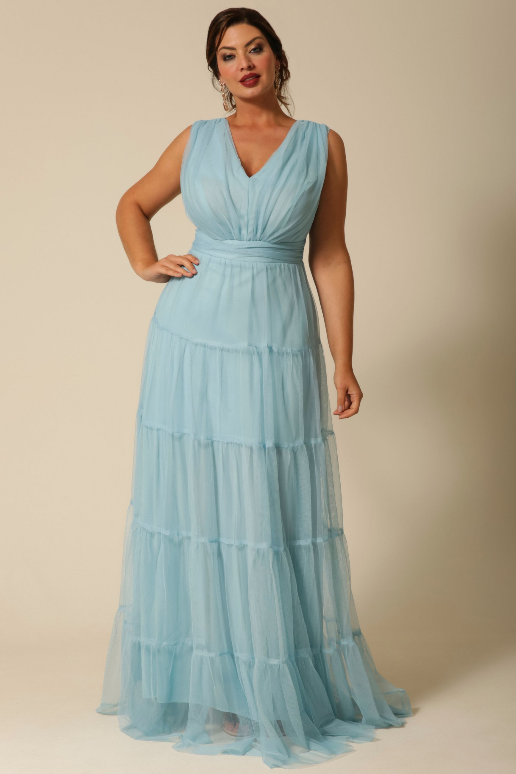 Vestido Festa Madrinha Plus Azul Serenity  Decote V Longo Ladydress