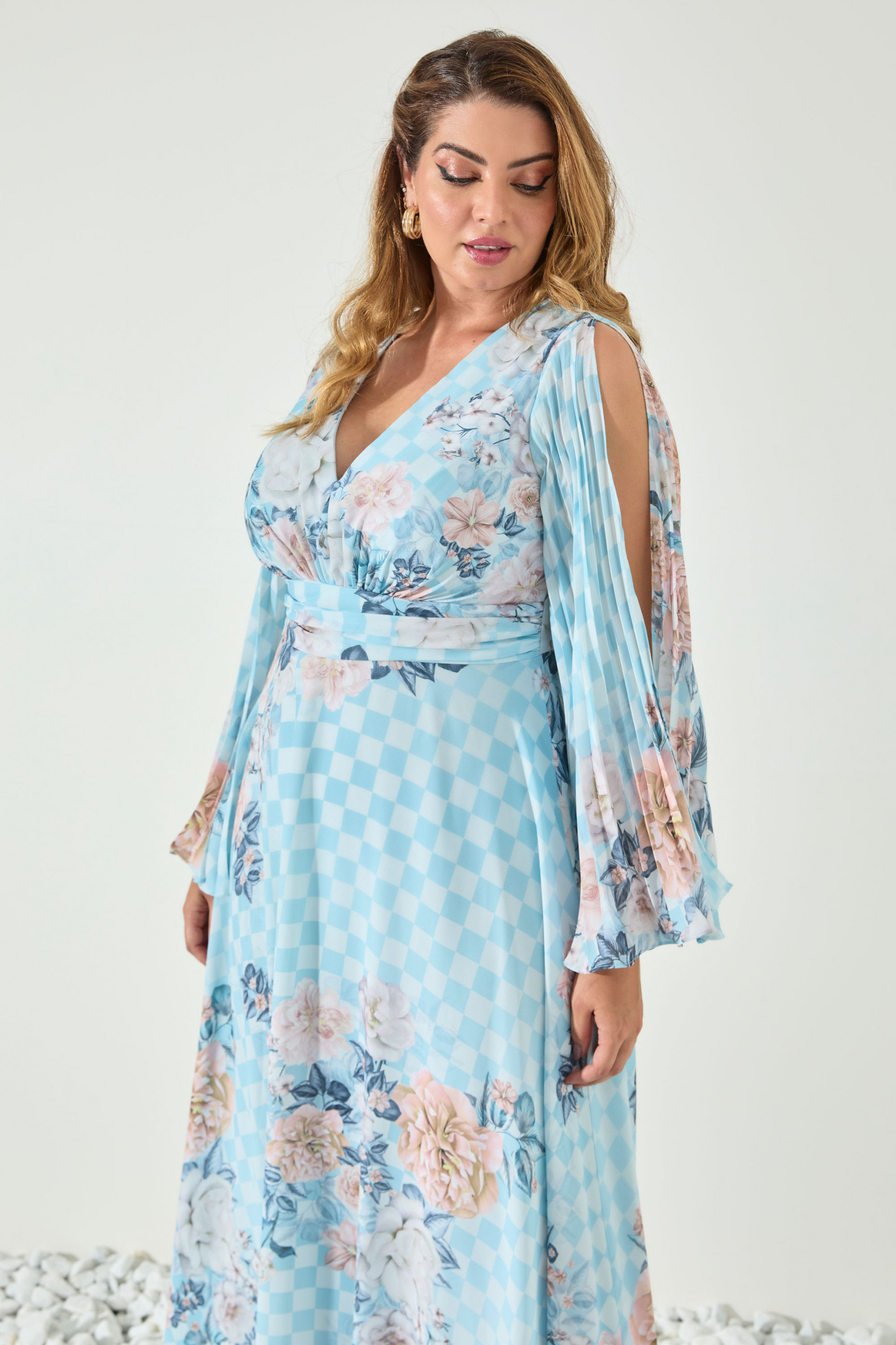 Vestido Festa Madrinha Plus Azul Serenity Estampado Manga floral Longo Ladydress