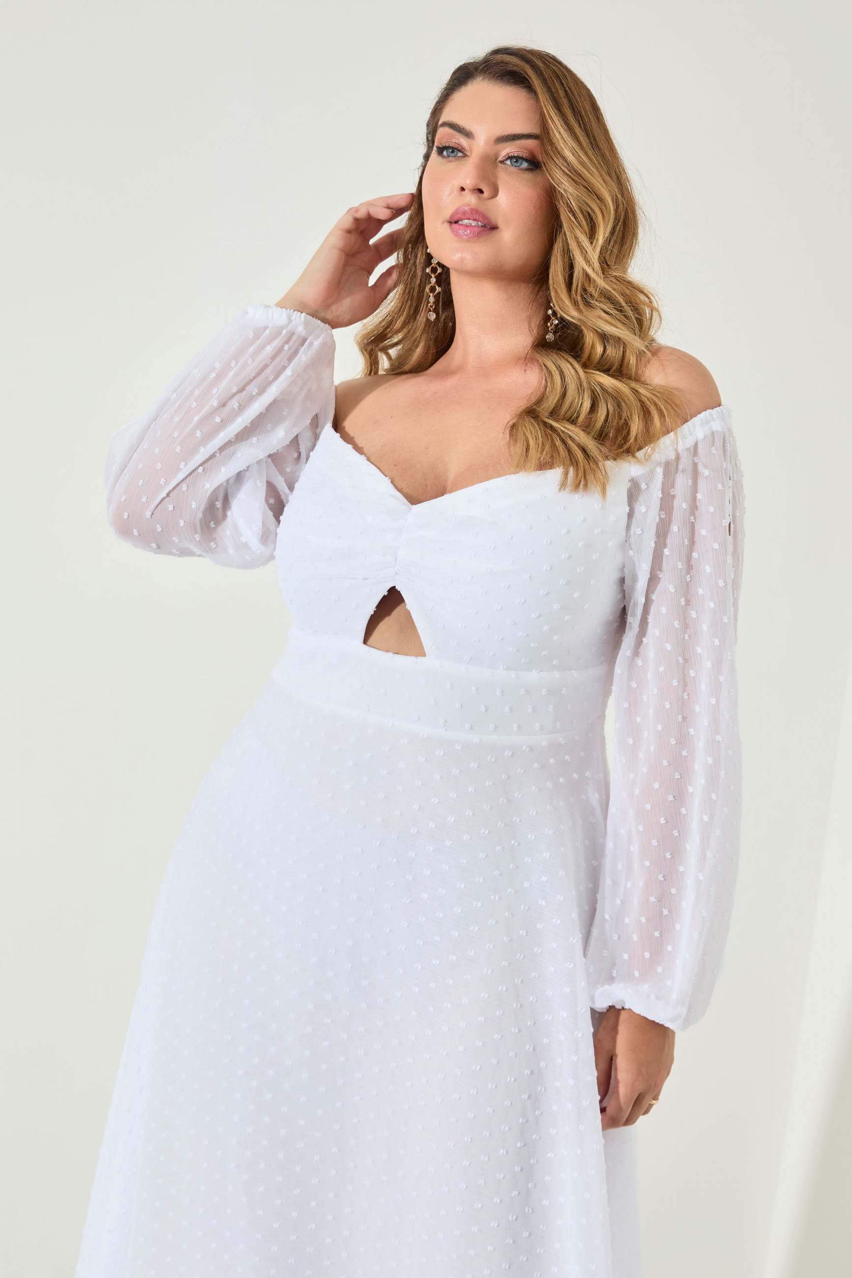 Vestido Festa Madrinha Plus Branco  manga ombro Longo Ladydress