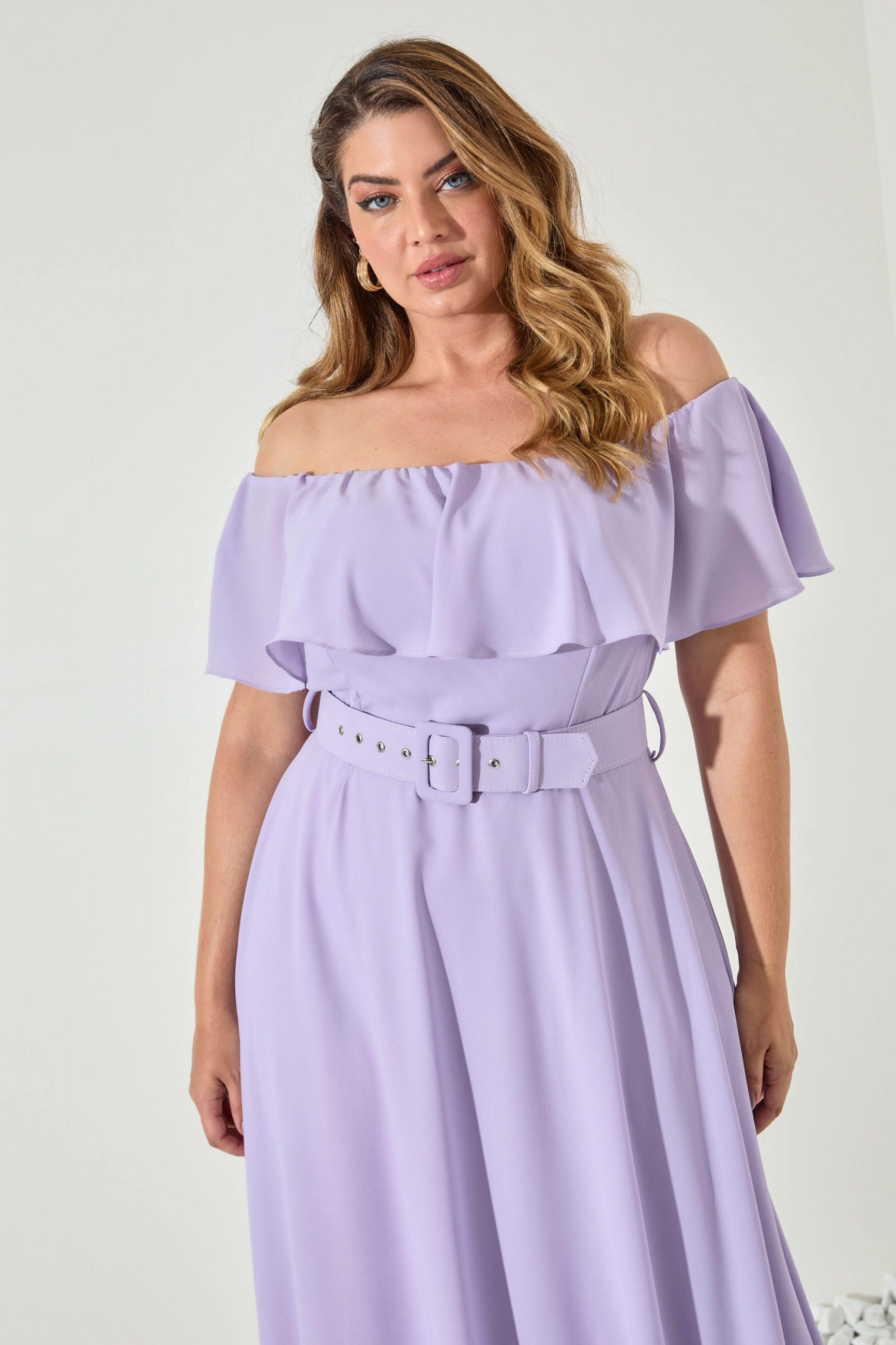 Vestido Festa Madrinha Plus Lavanda  cinto babado ombro Longo Ladydress