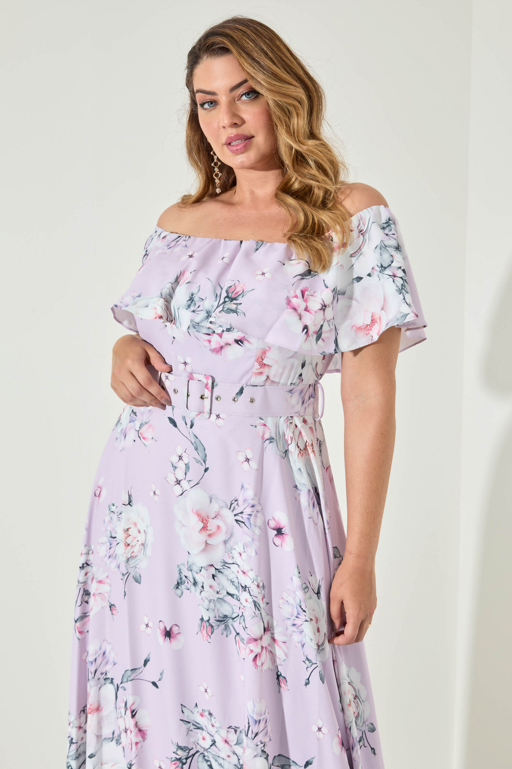 Vestido Festa Madrinha Plus Lavanda Estampado ombro cinto babado Longo Ladydress