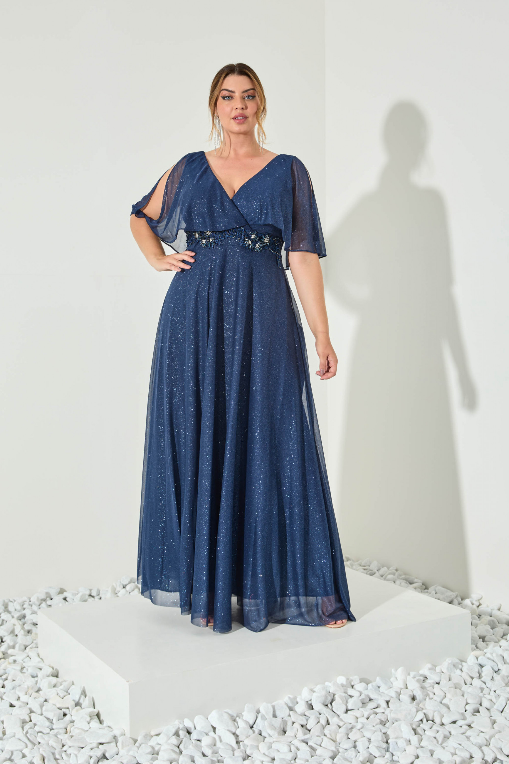 Vestido Festa Madrinha Plus Marinho  babado bordado glitter Longo Ladydress