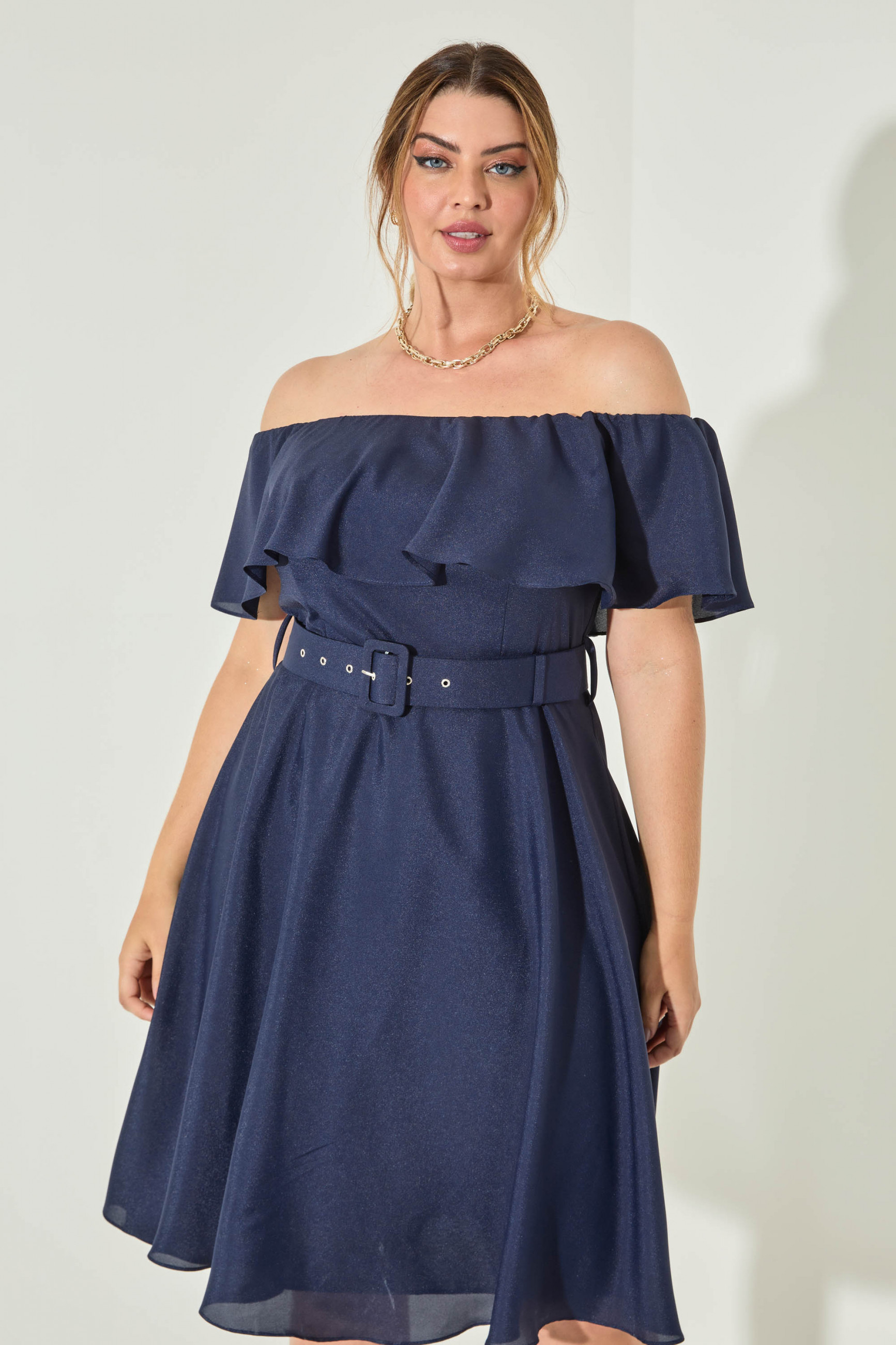 Vestido Festa Madrinha Plus Marinho  ombro Curto Ladydress