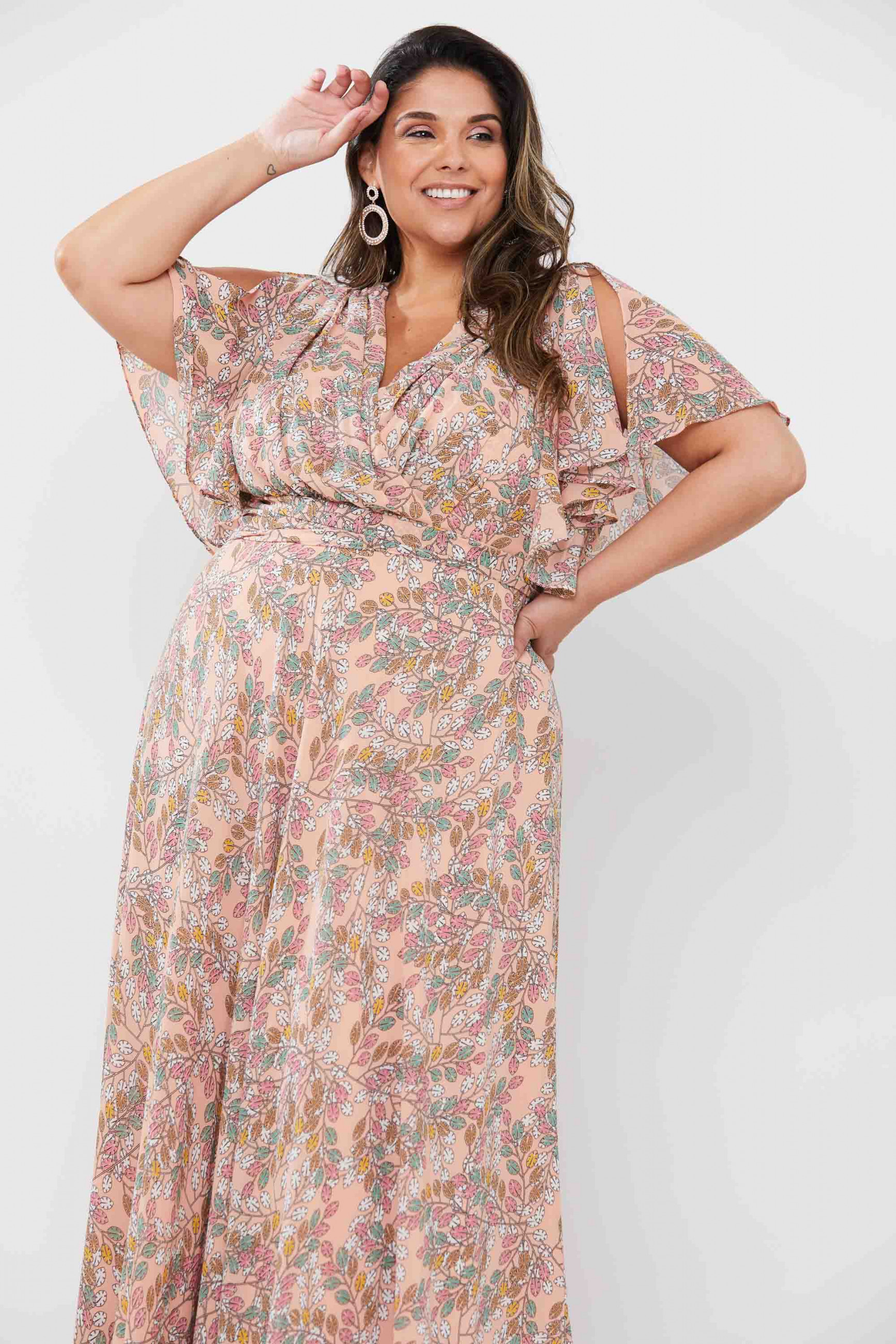 Vestido Festa Madrinha Plus Nude Salmão  Manga Longo Ladydress