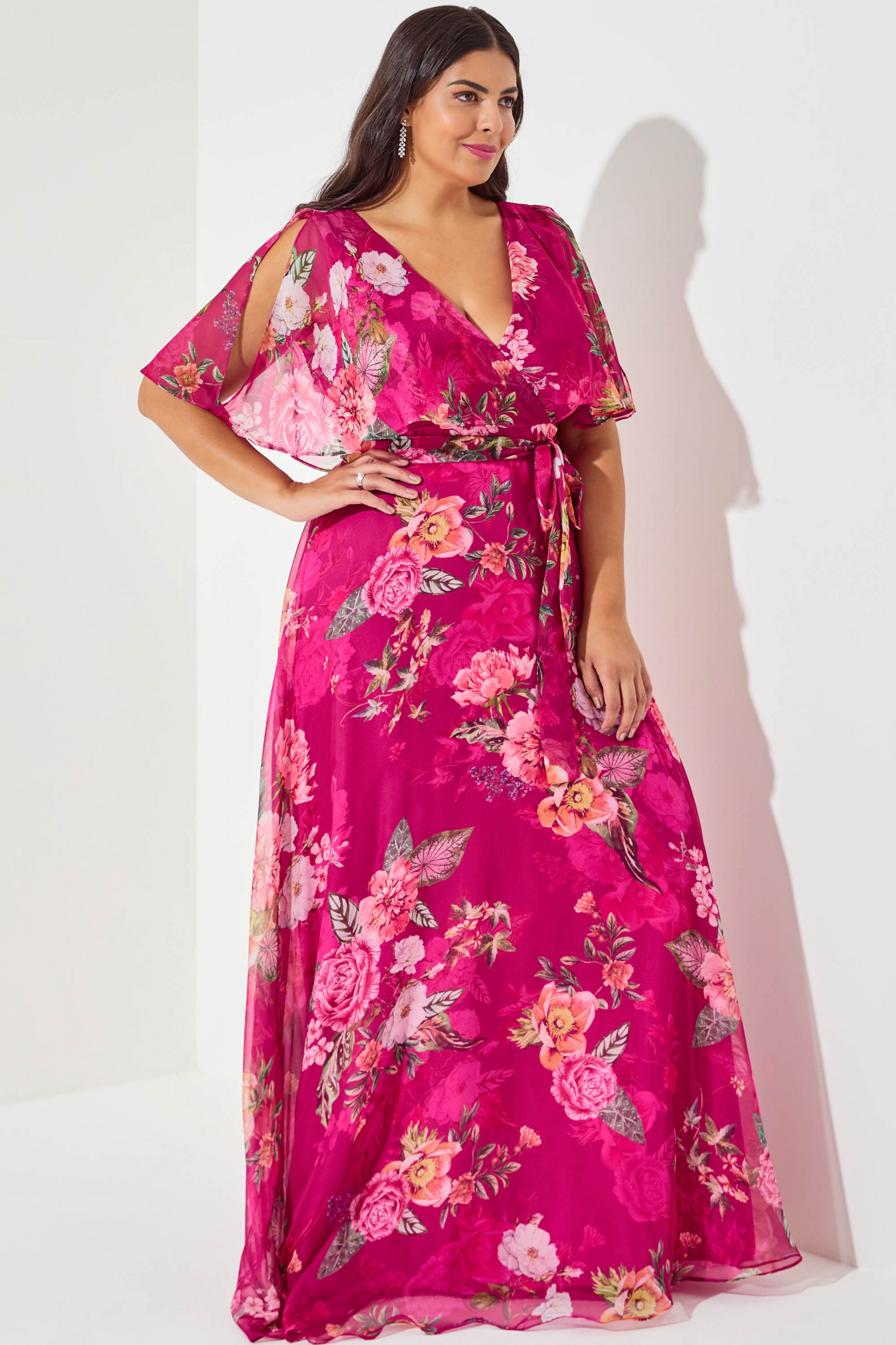 Vestido Festa Madrinha Plus Pink Estampado decote faixa Longo Ladydress