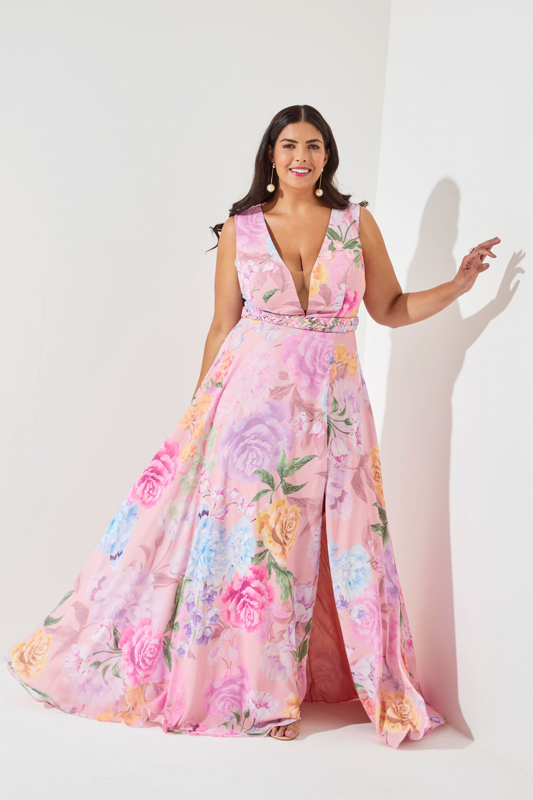 Vestido Festa Madrinha Plus Rosa Estampado decote   Longo Ladydress
