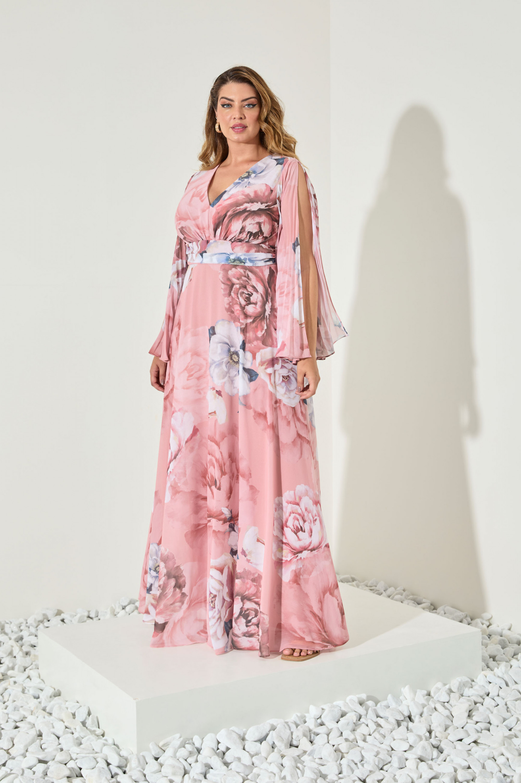 Vestido Festa Madrinha Plus Rosa Estampado Manga floral Longo Ladydress