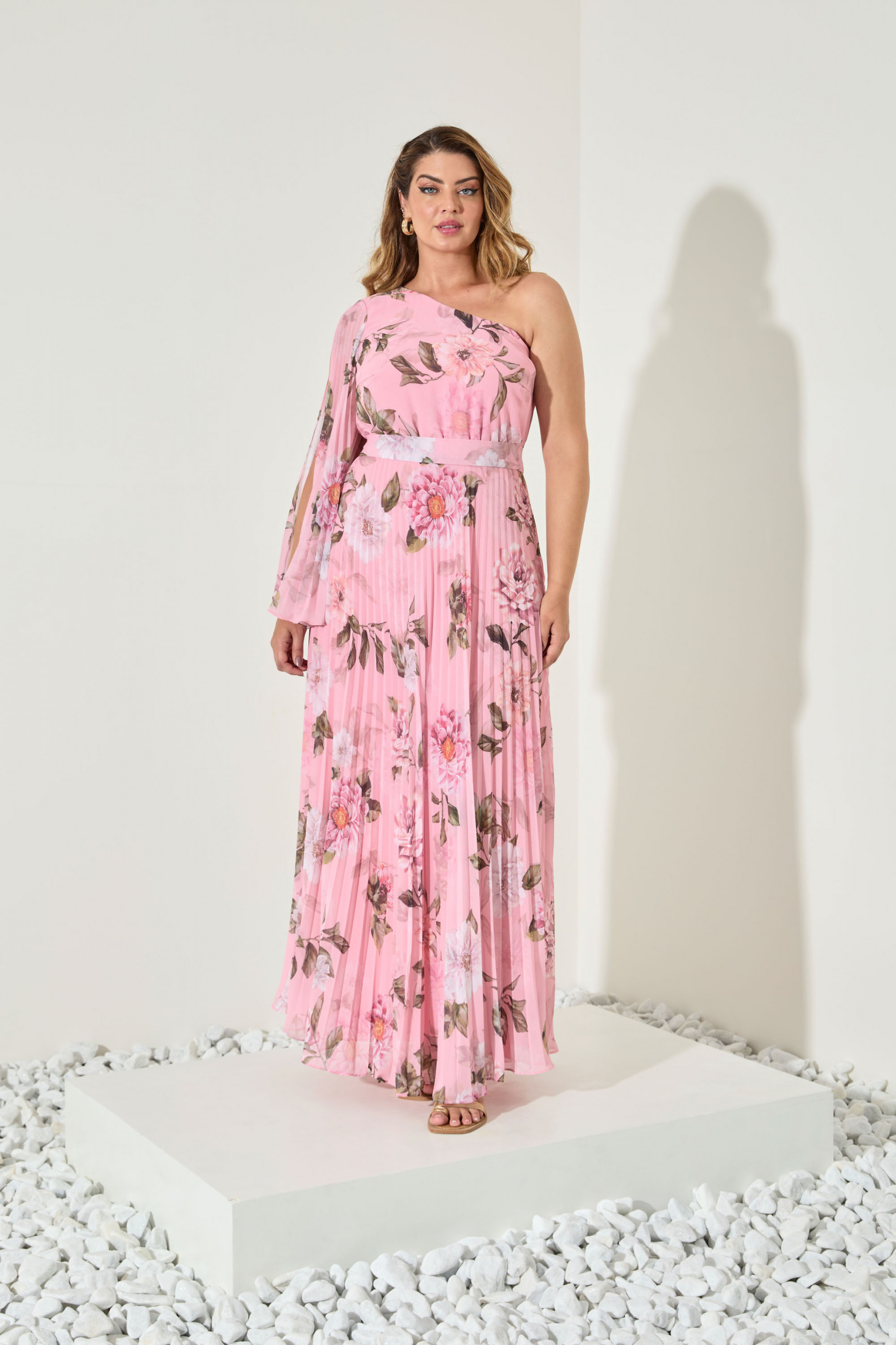 Vestido Festa Madrinha Plus Rosa Estampado plissado manga Longo Ladydress